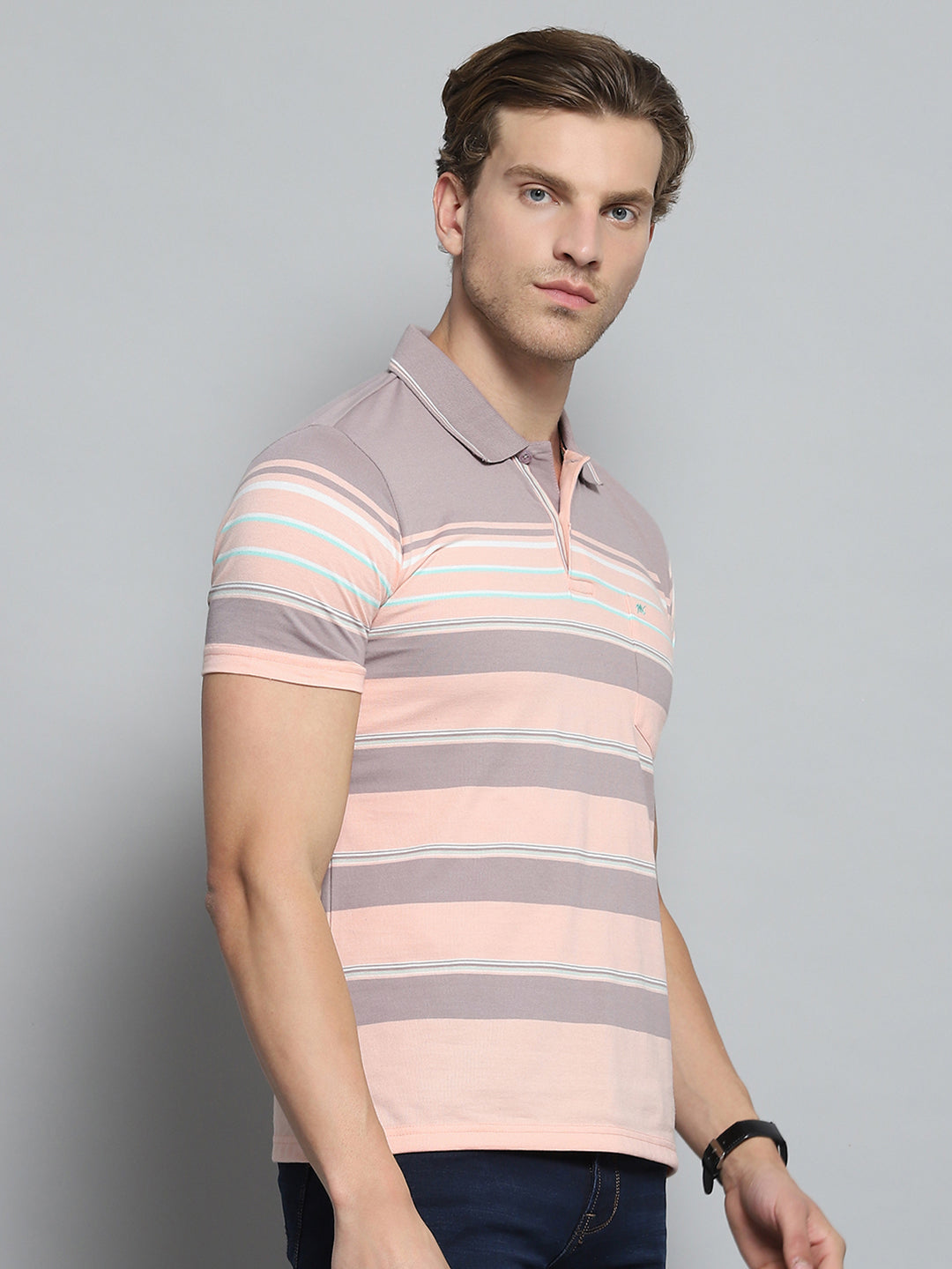 Men Peach Stripe Collar Half Sleeve T-Shirt