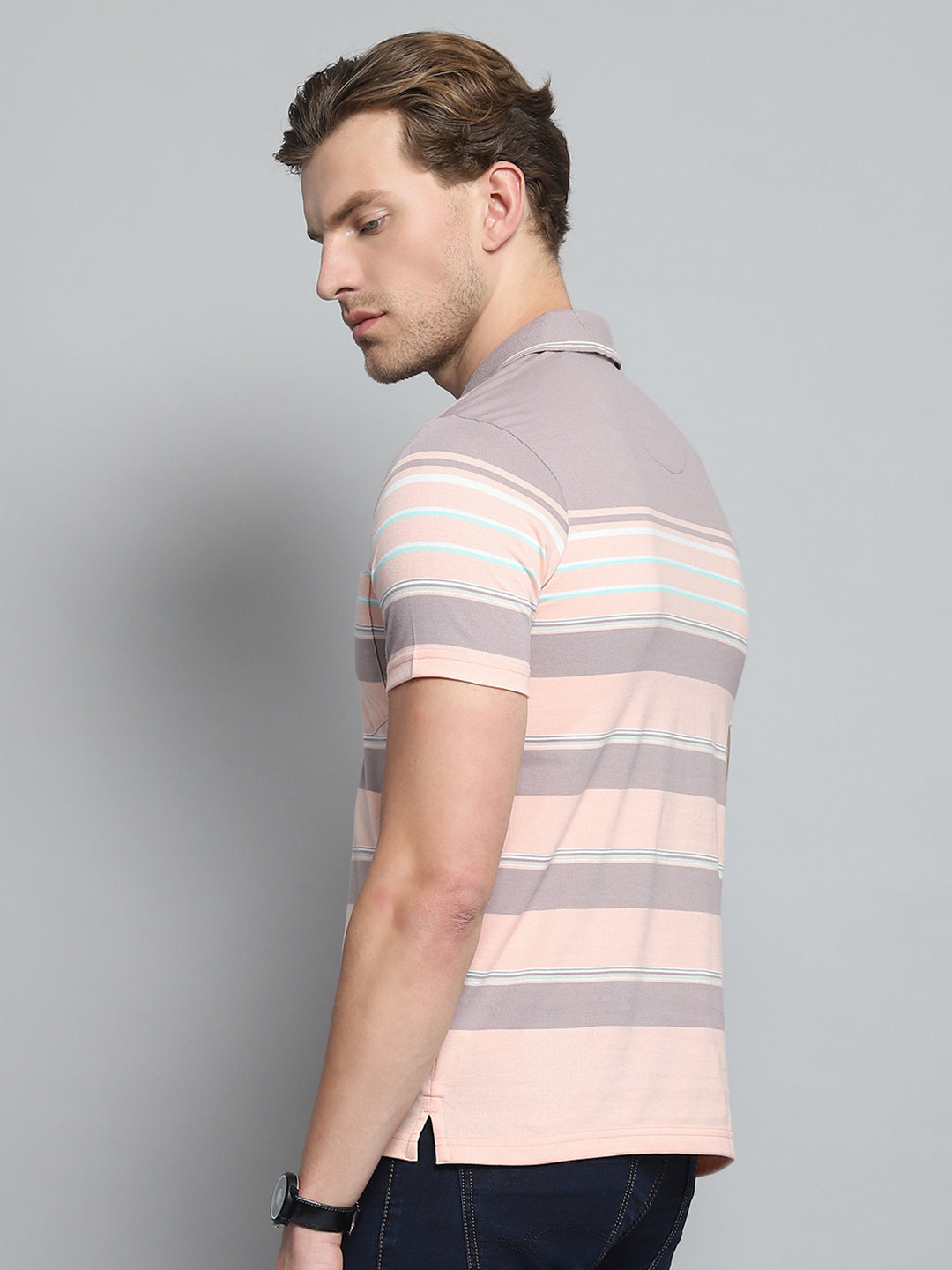 Men Peach Stripe Collar Half Sleeve T-Shirt