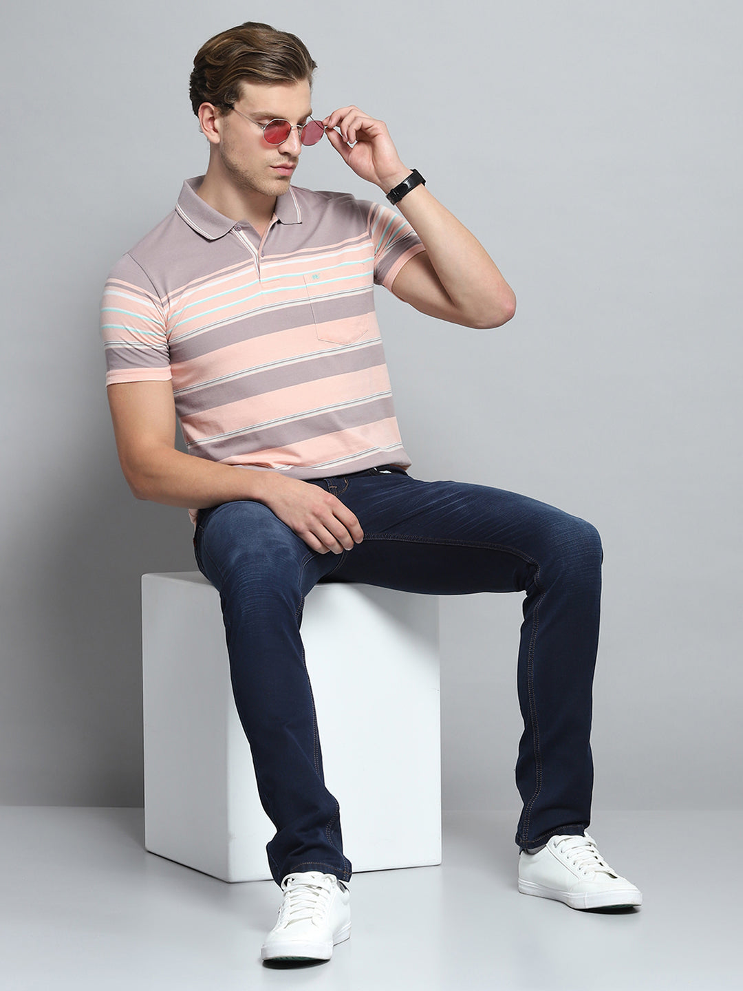 Men Peach Stripe Collar Half Sleeve T-Shirt
