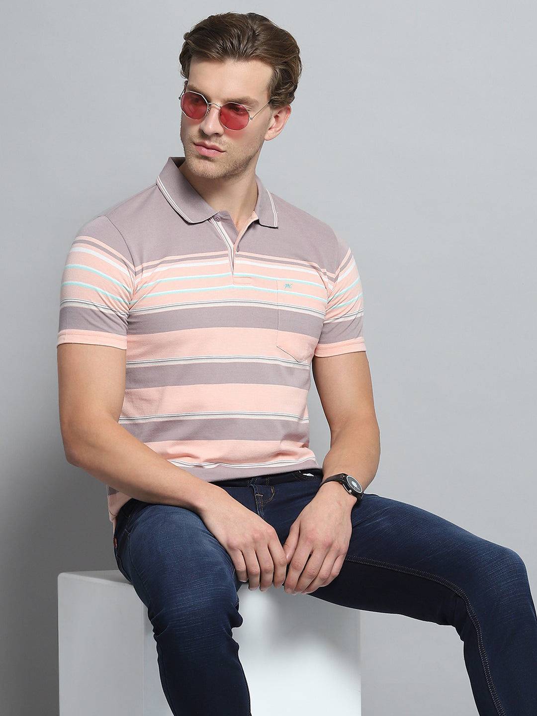 Men Peach Stripe Collar Half Sleeve T-Shirt