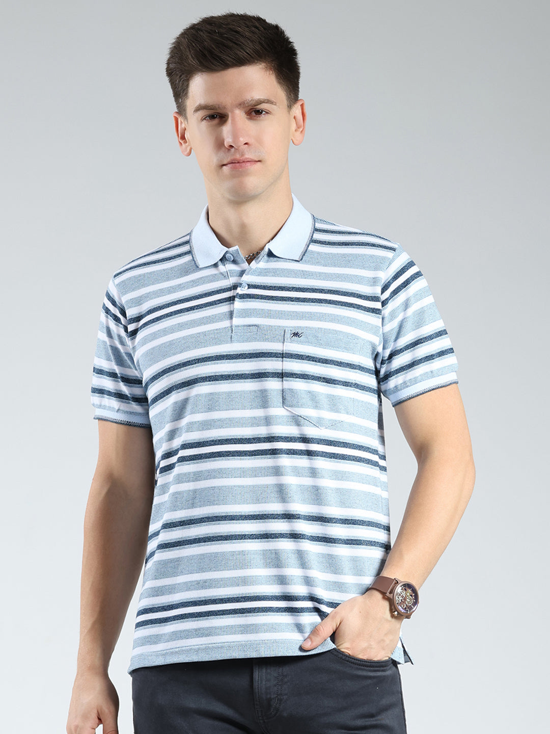 Men Blue Stripe Collar Half Sleeve T-Shirt