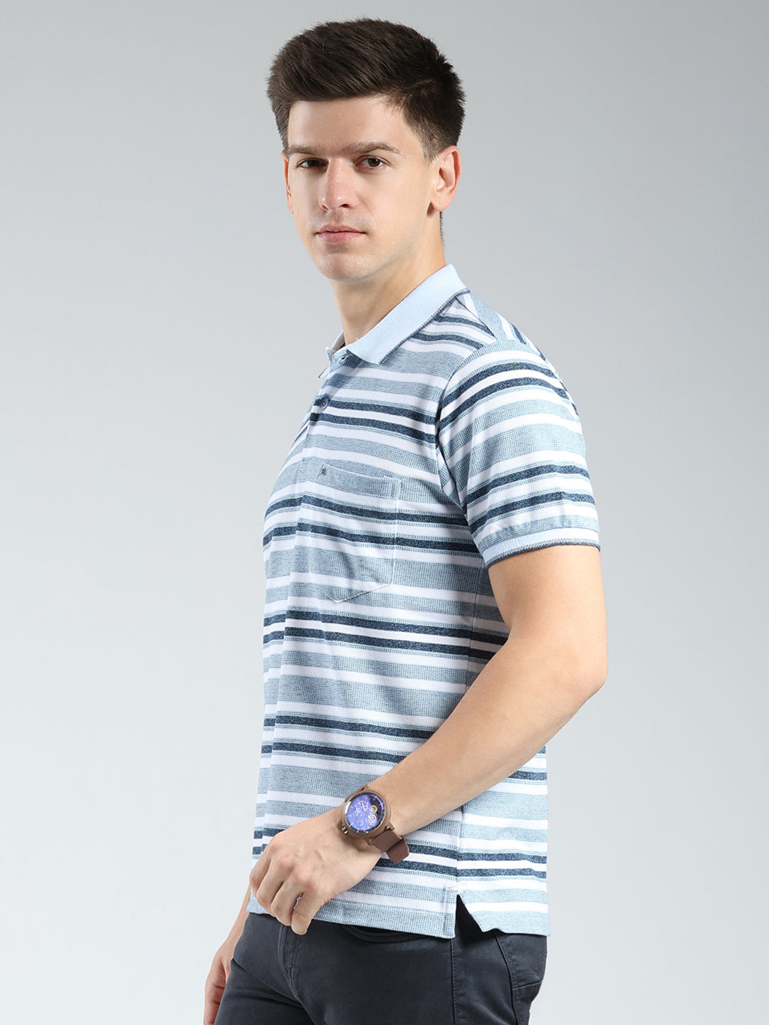 Men Blue Stripe Collar Half Sleeve T-Shirt