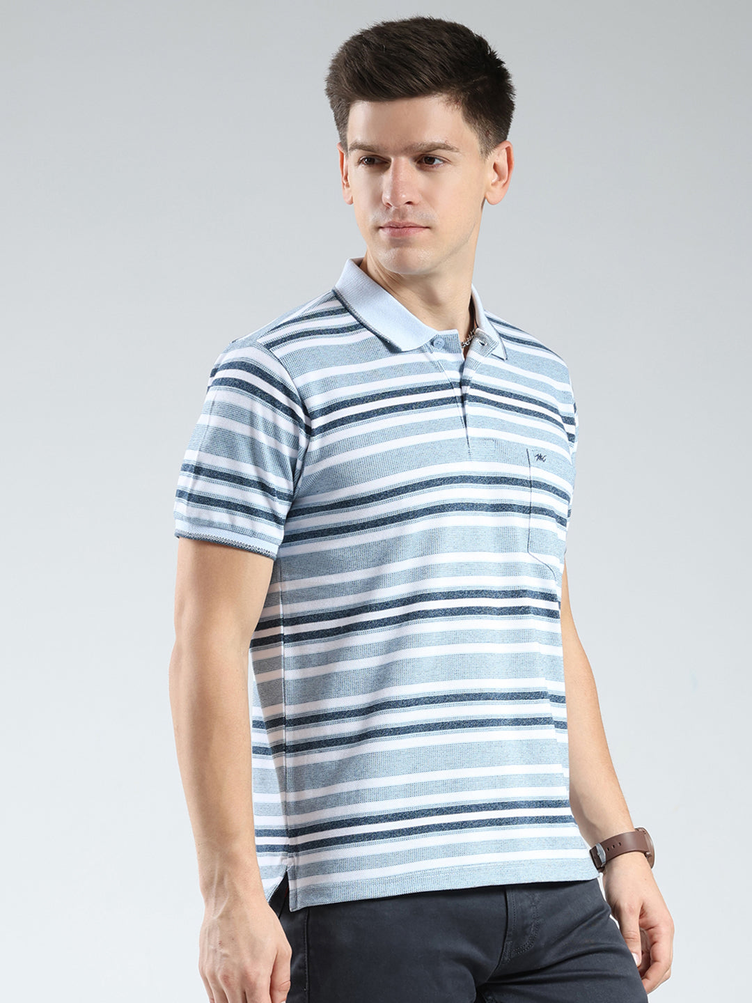 Men Blue Stripe Collar Half Sleeve T-Shirt