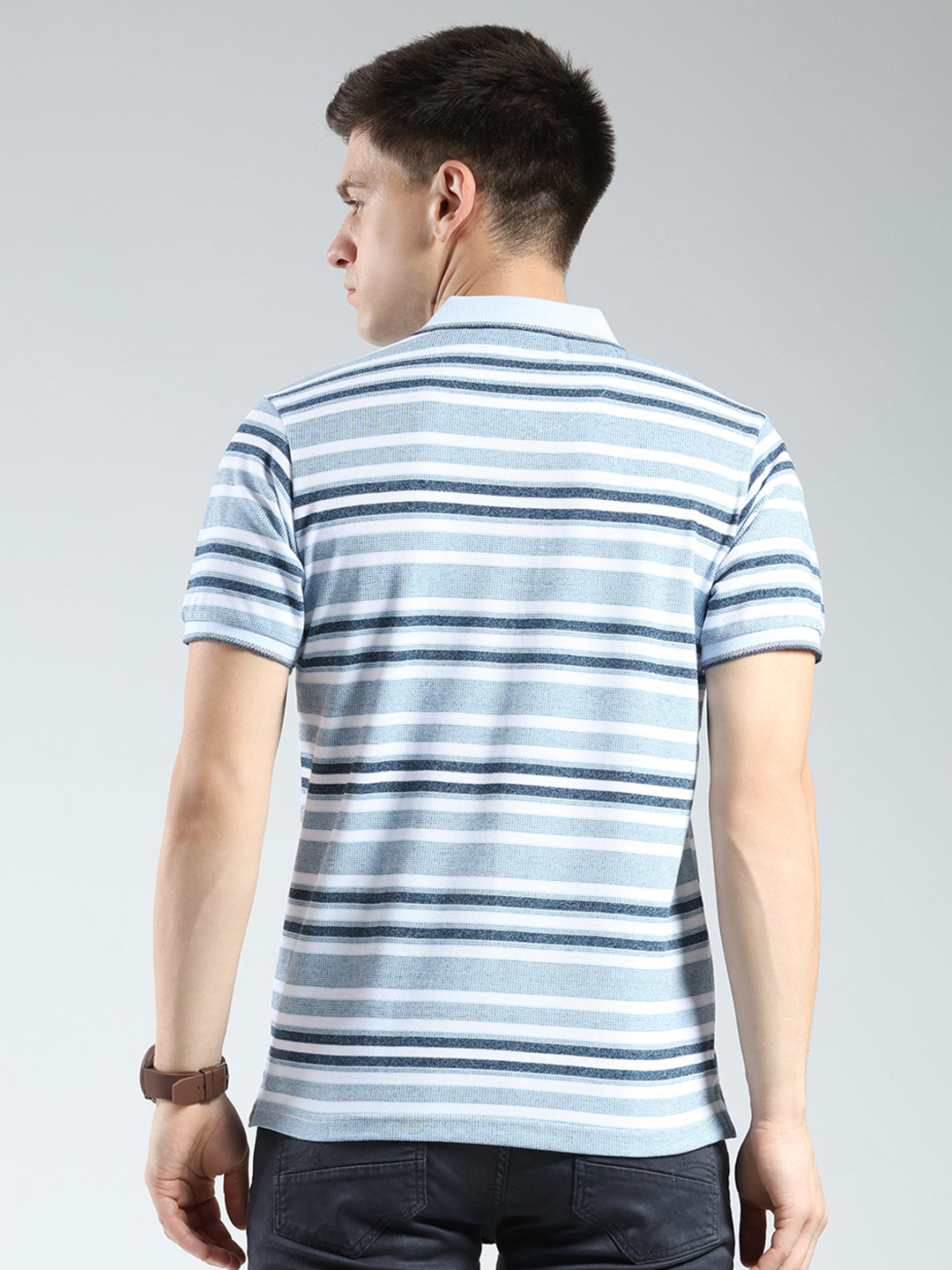 Men Blue Stripe Collar Half Sleeve T-Shirt