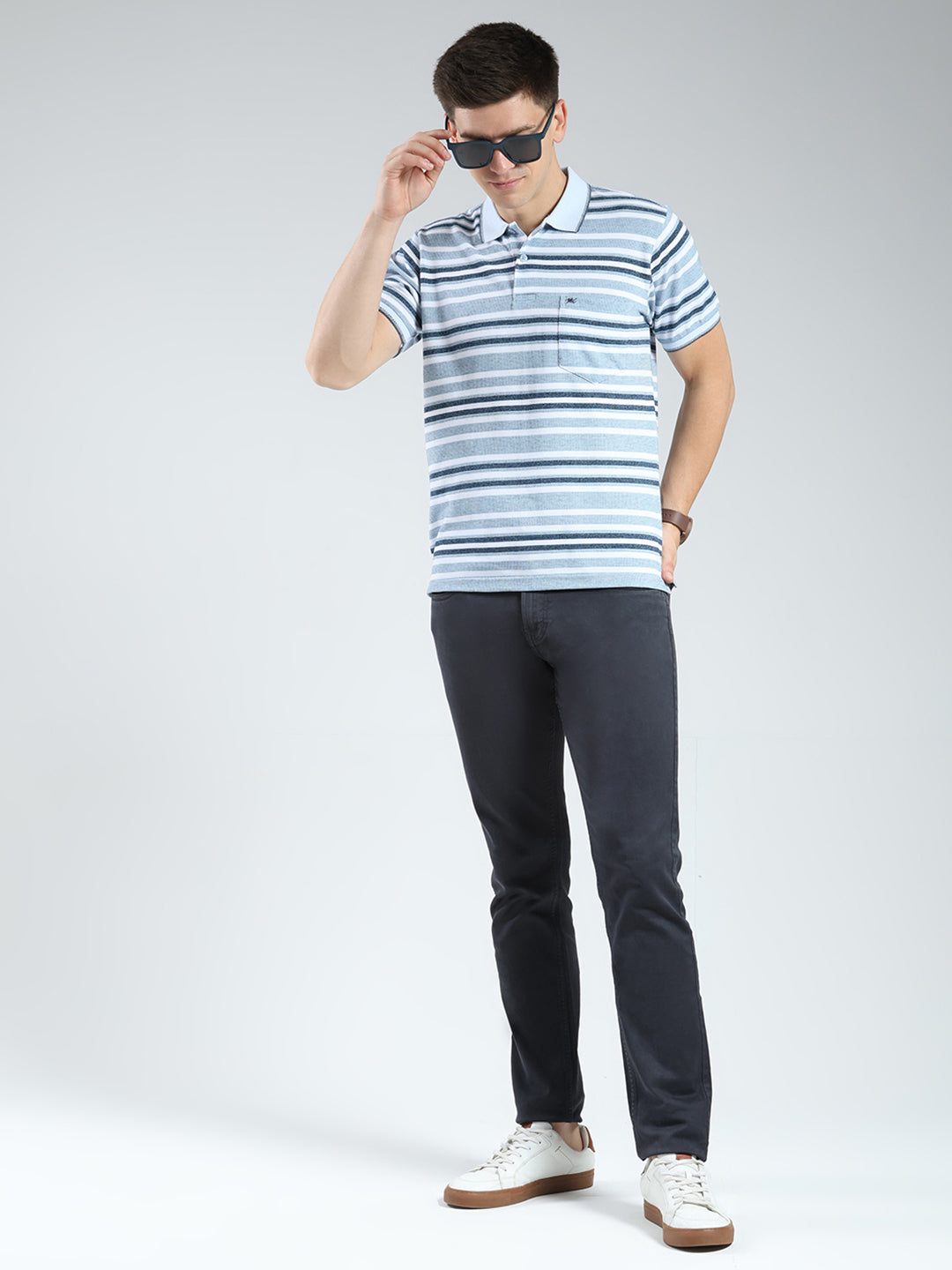 Men Blue Stripe Collar Half Sleeve T-Shirt