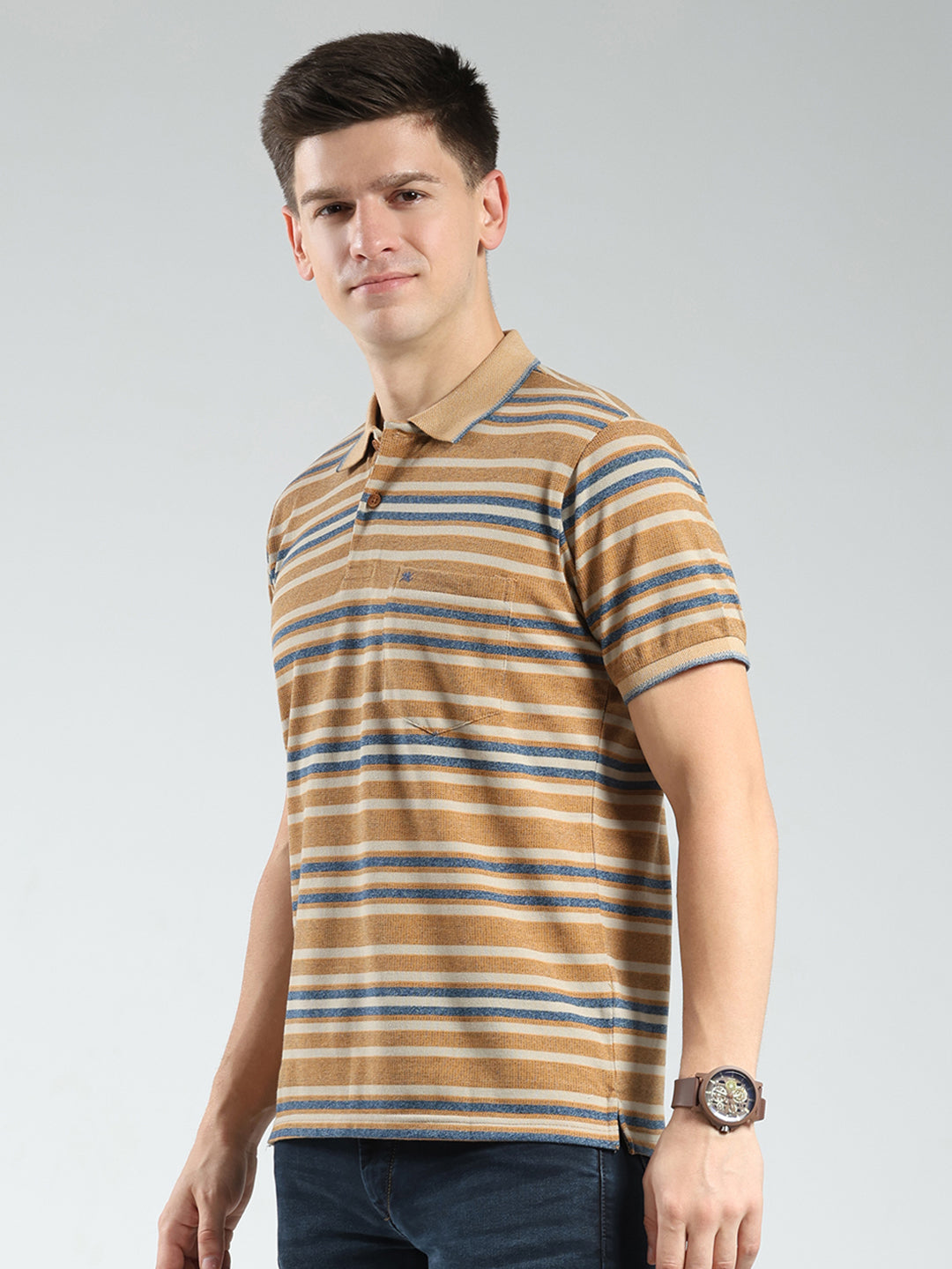 Men Brown Stripe Collar Half Sleeve T-Shirt