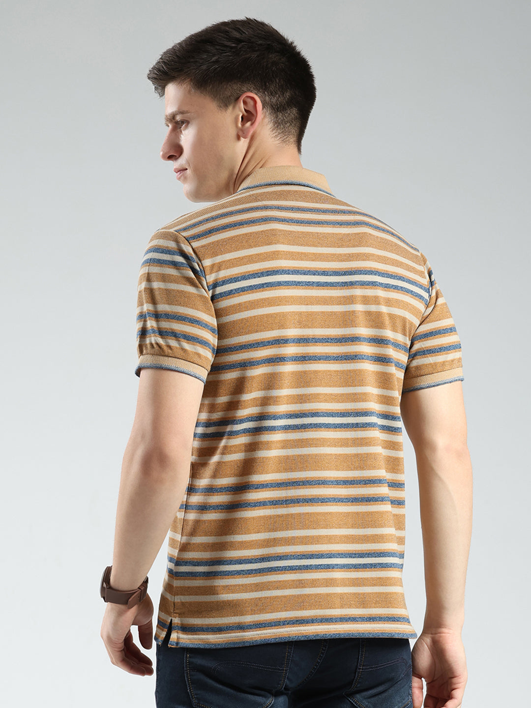 Men Brown Stripe Collar Half Sleeve T-Shirt