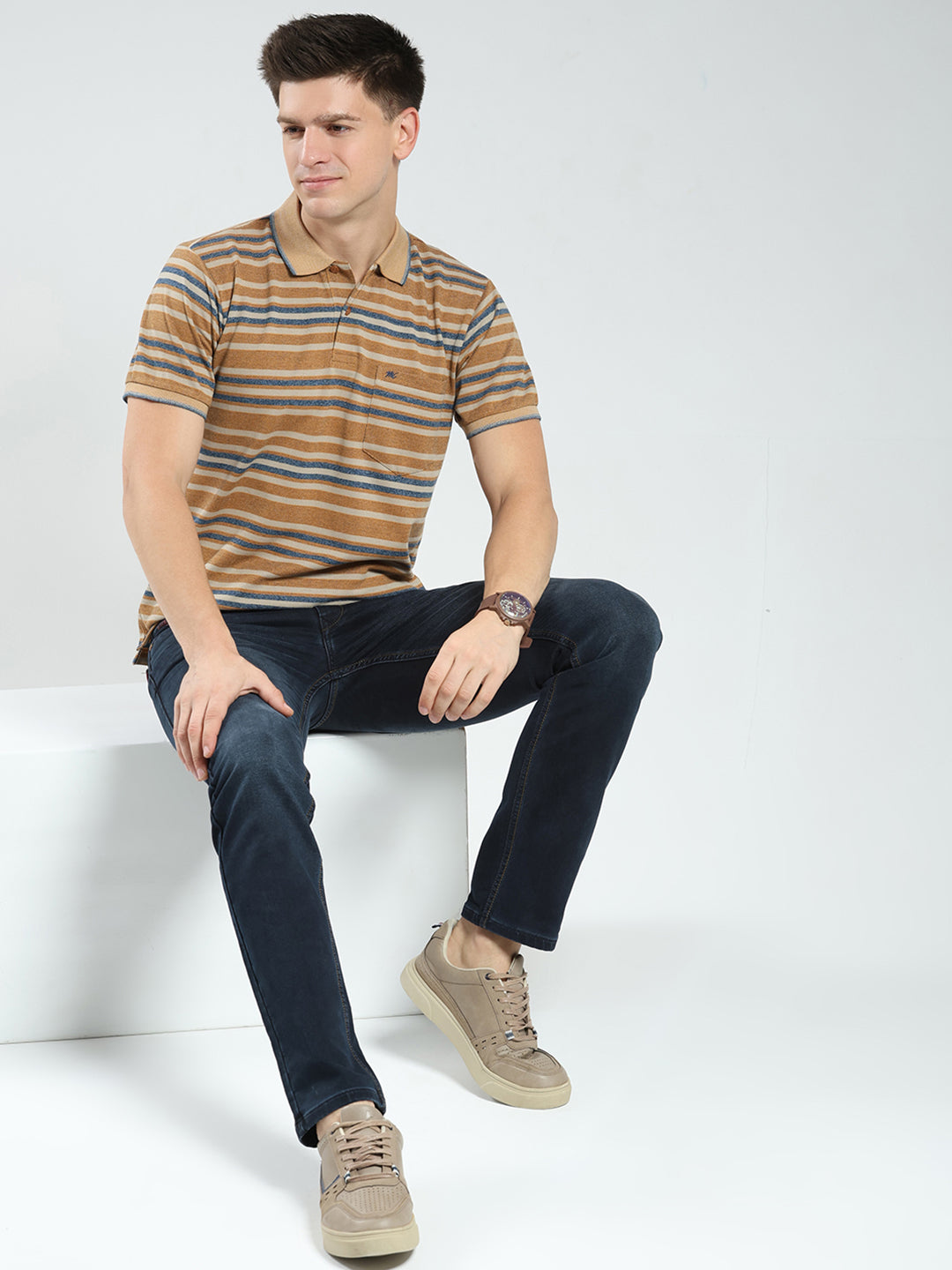 Men Brown Stripe Collar Half Sleeve T-Shirt