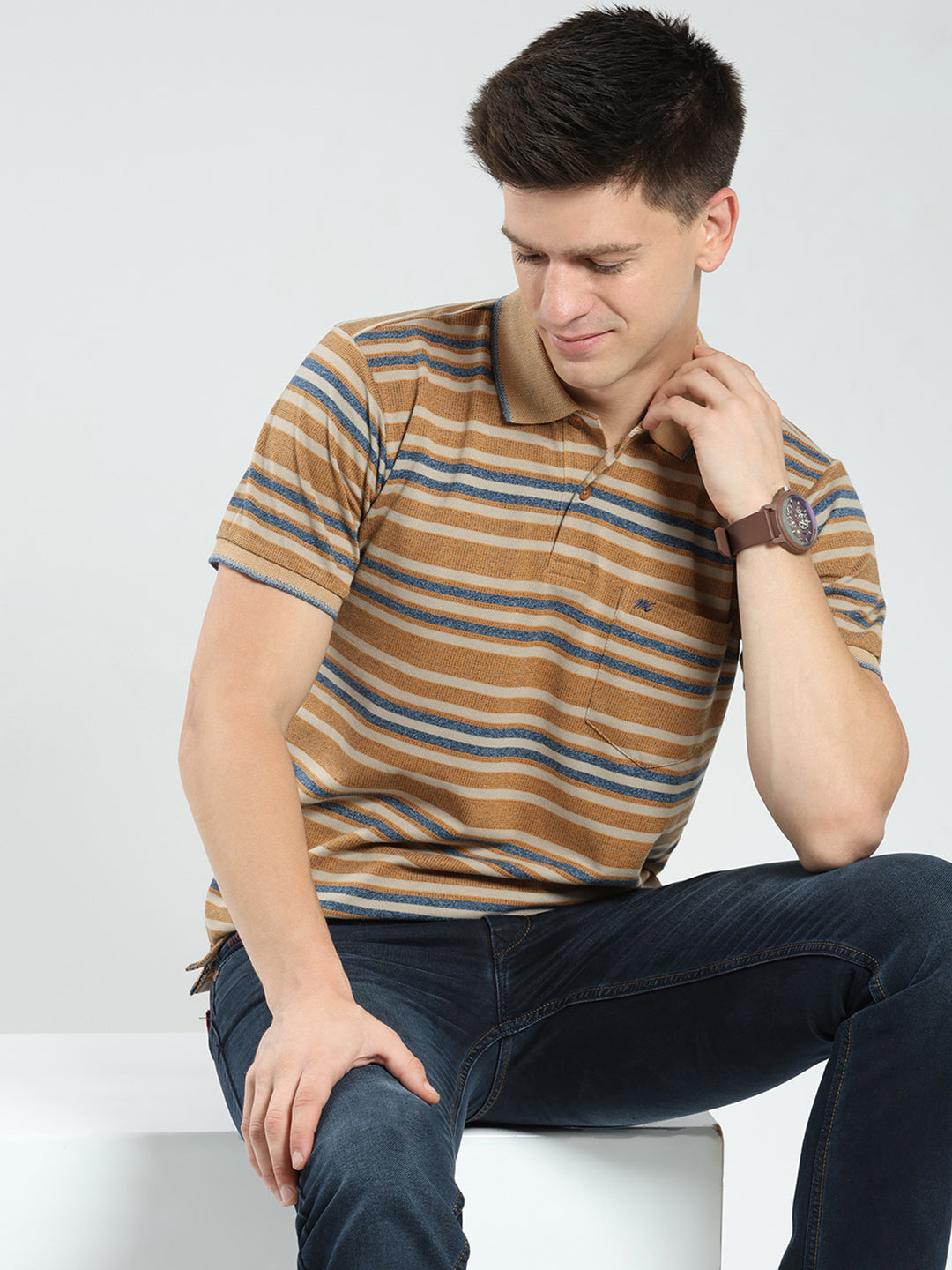 Men Brown Stripe Collar Half Sleeve T-Shirt