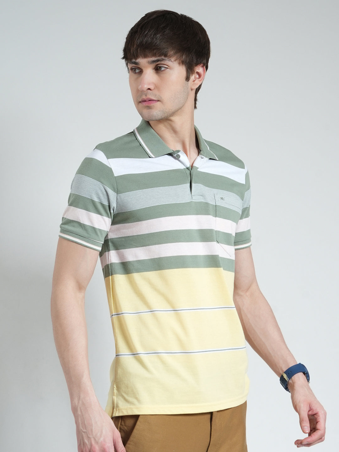 Men Green Stripe Collar Half Sleeve T-Shirt