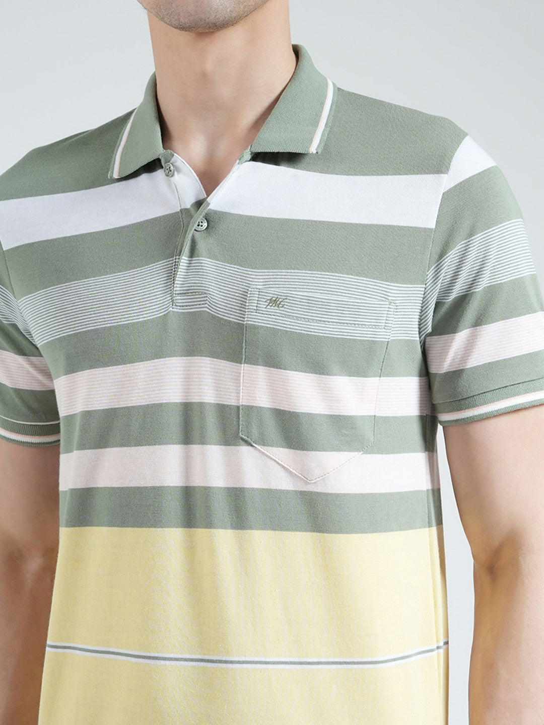 Men Green Stripe Collar Half Sleeve T-Shirt