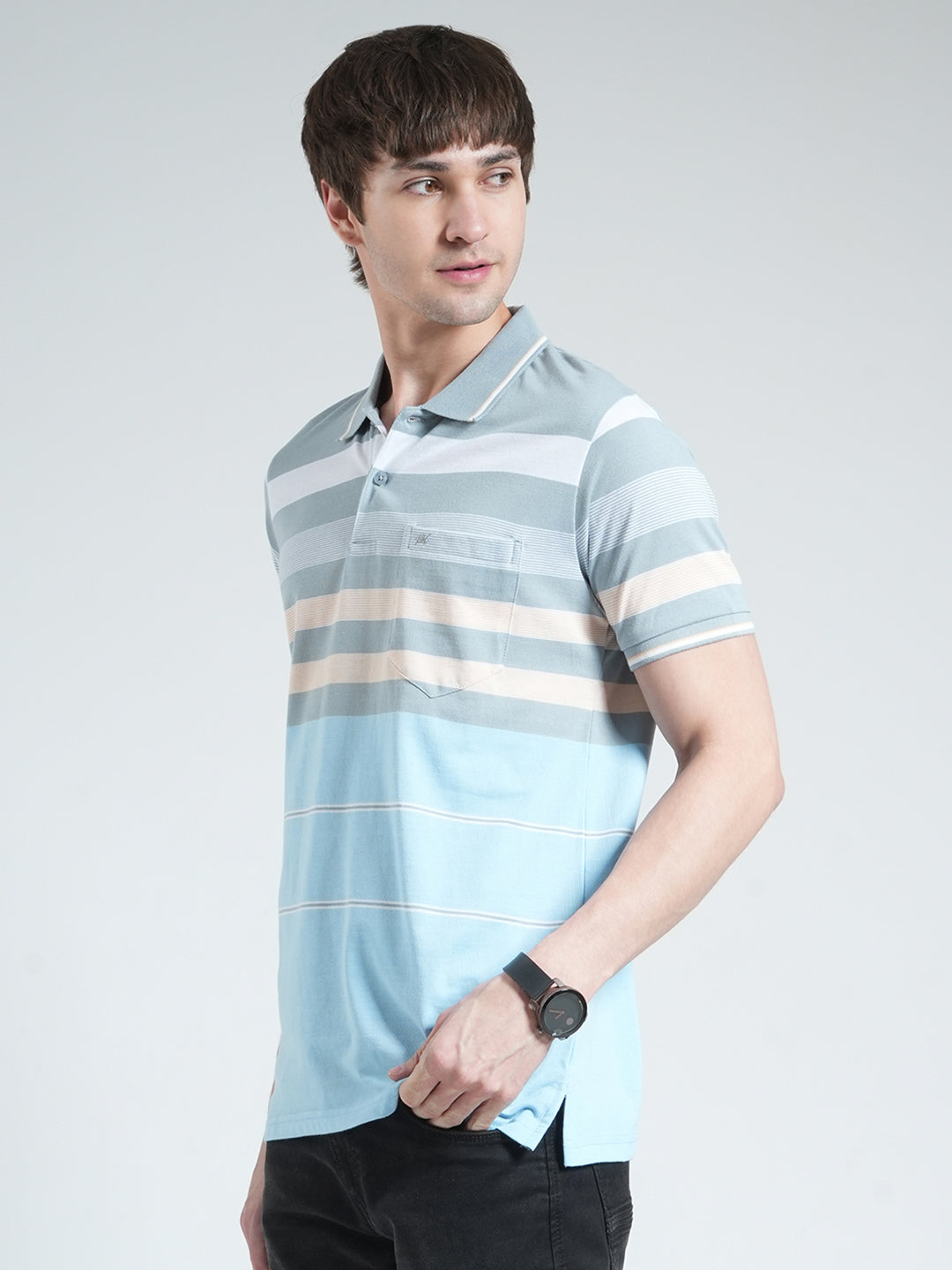 Men Blue Stripe Collar Half Sleeve T-Shirt