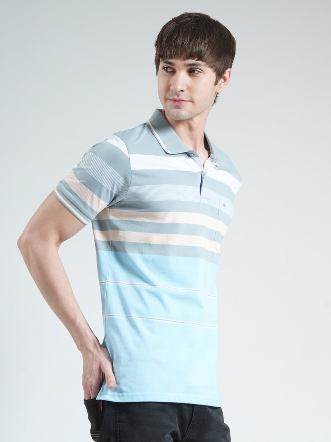 Men Blue Stripe Collar Half Sleeve T-Shirt