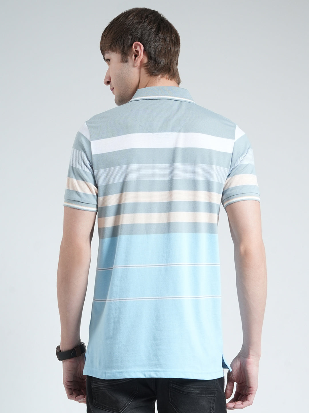 Men Blue Stripe Collar Half Sleeve T-Shirt