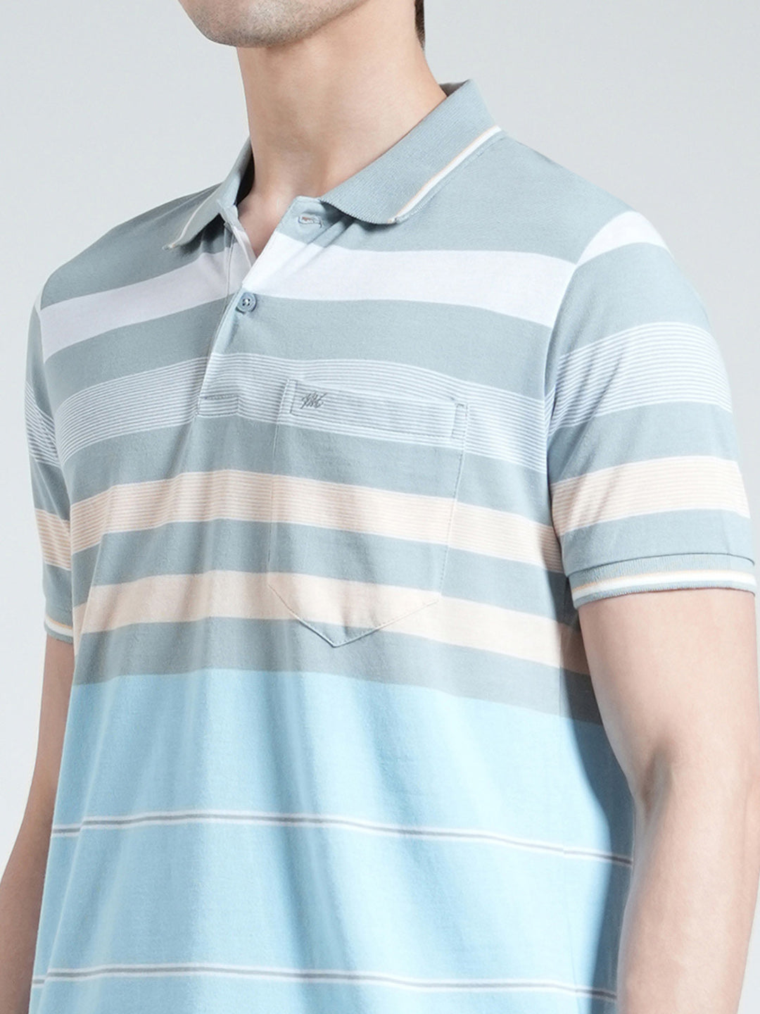 Men Blue Stripe Collar Half Sleeve T-Shirt