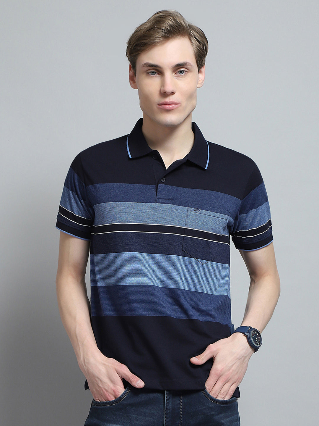 Men Blue Stripe Collar Half Sleeve T-Shirt