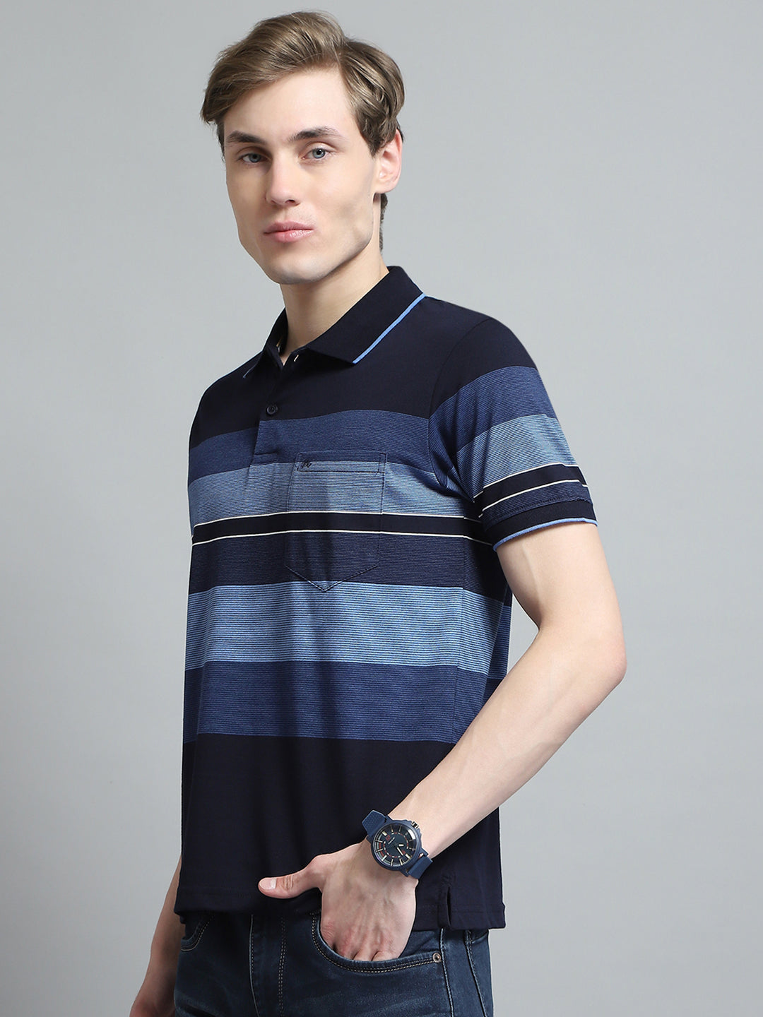 Men Blue Stripe Collar Half Sleeve T-Shirt