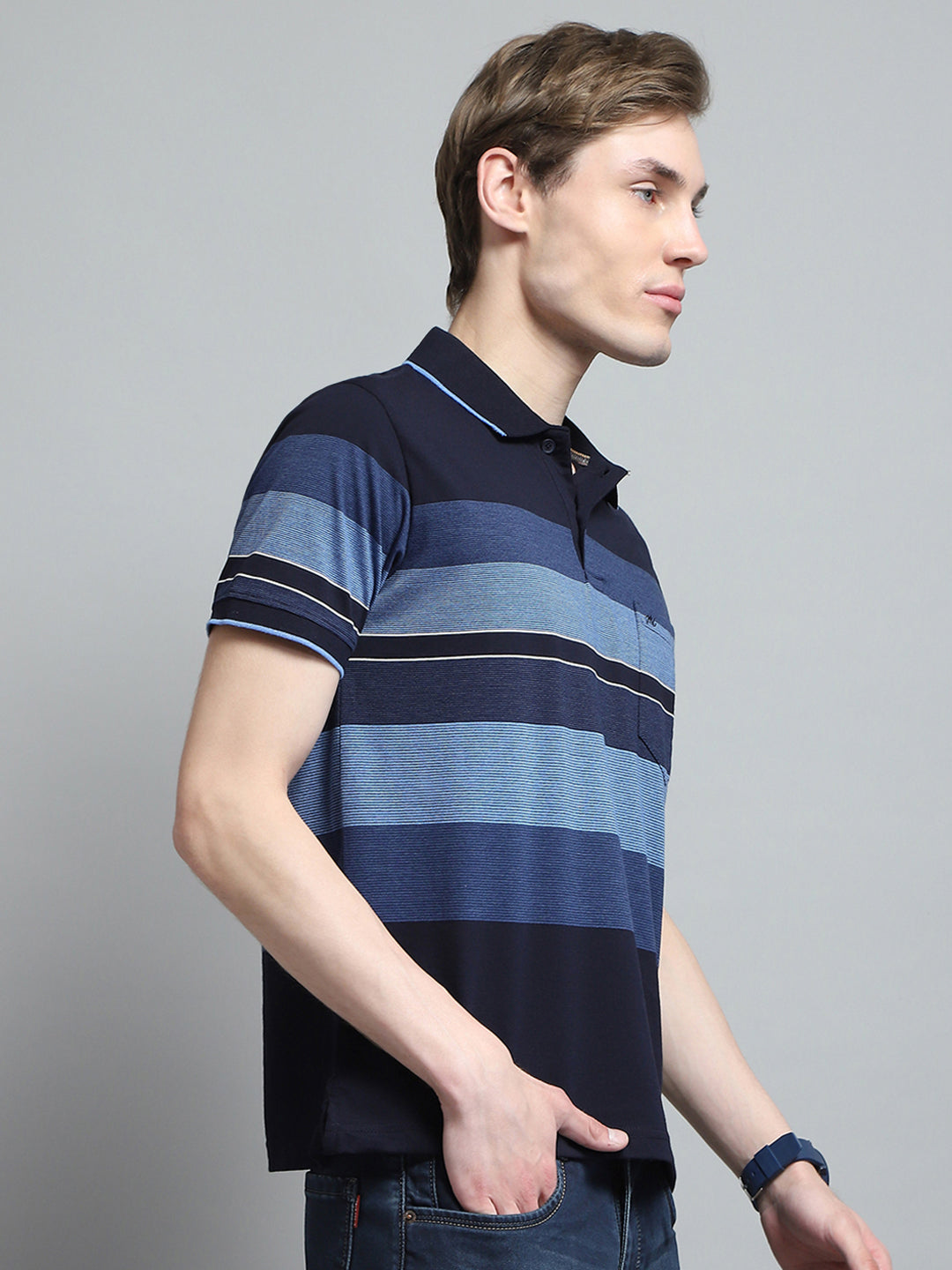 Men Blue Stripe Collar Half Sleeve T-Shirt