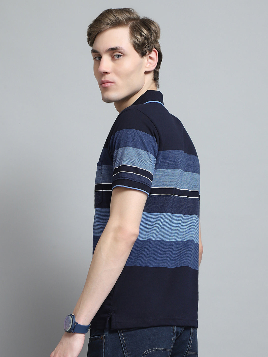 Men Blue Stripe Collar Half Sleeve T-Shirt