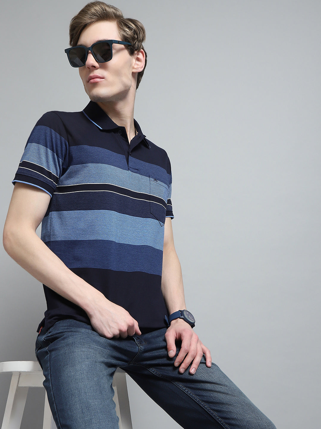 Men Blue Stripe Collar Half Sleeve T-Shirt