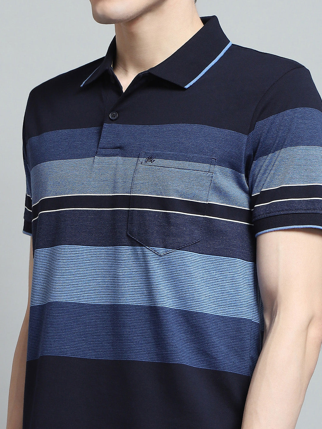 Men Blue Stripe Collar Half Sleeve T-Shirt
