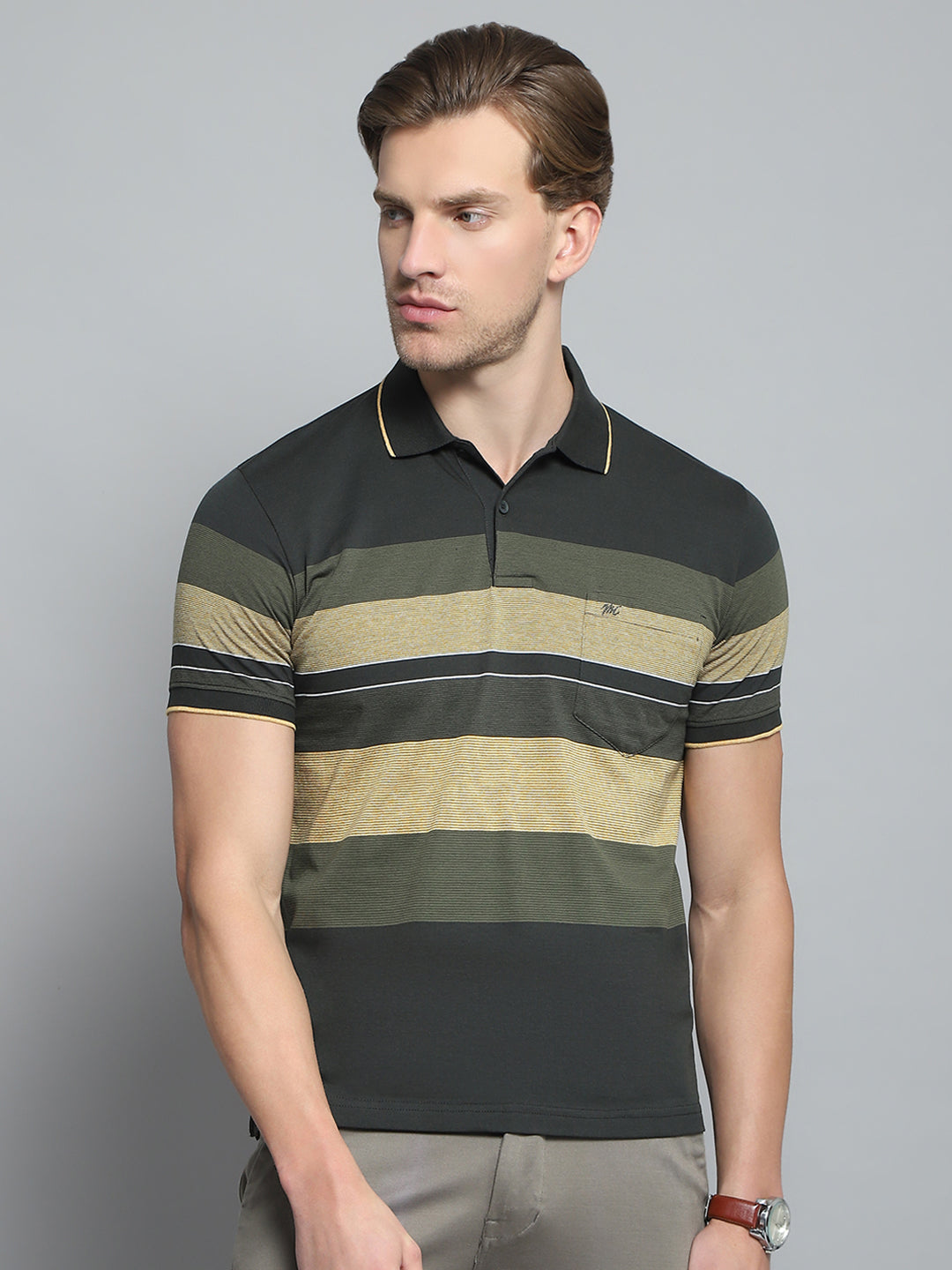 Men Olive Stripe Collar Half Sleeve T-Shirt
