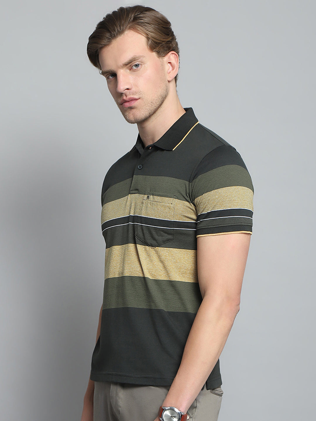 Men Olive Stripe Collar Half Sleeve T-Shirt