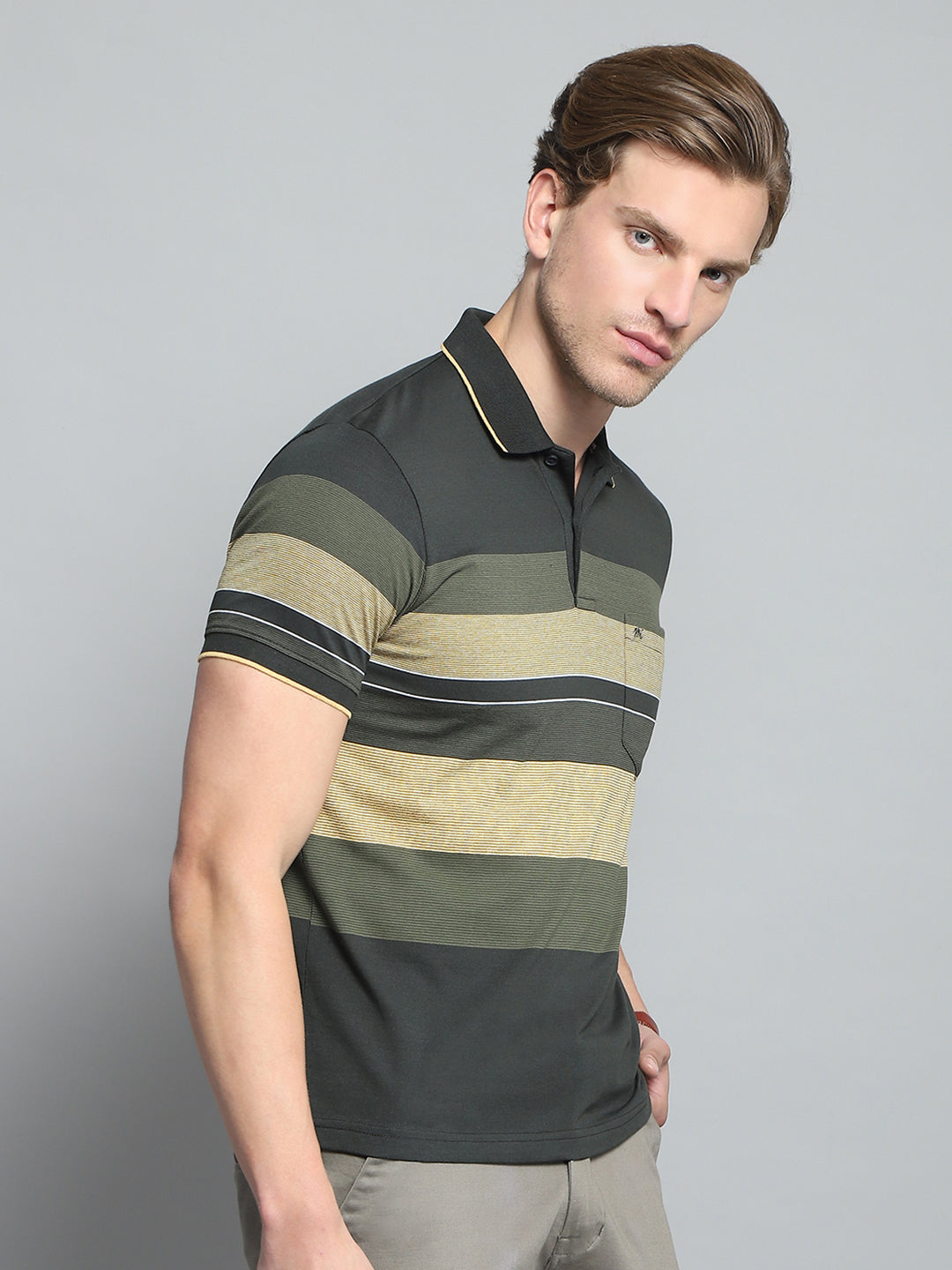 Men Olive Stripe Collar Half Sleeve T-Shirt