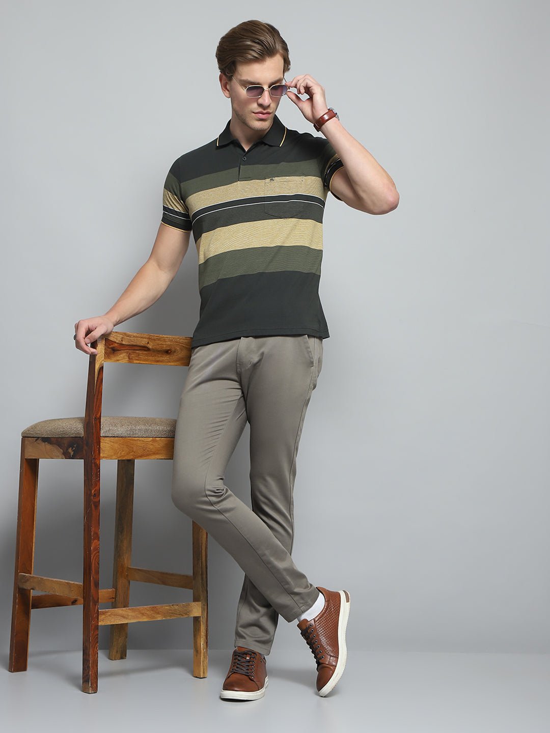 Men Olive Stripe Collar Half Sleeve T-Shirt