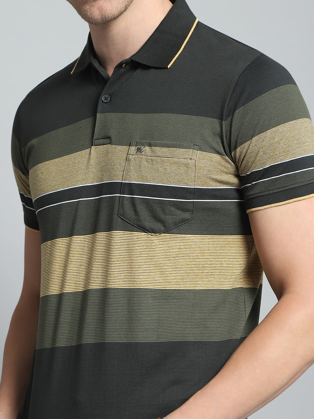 Men Olive Stripe Collar Half Sleeve T-Shirt