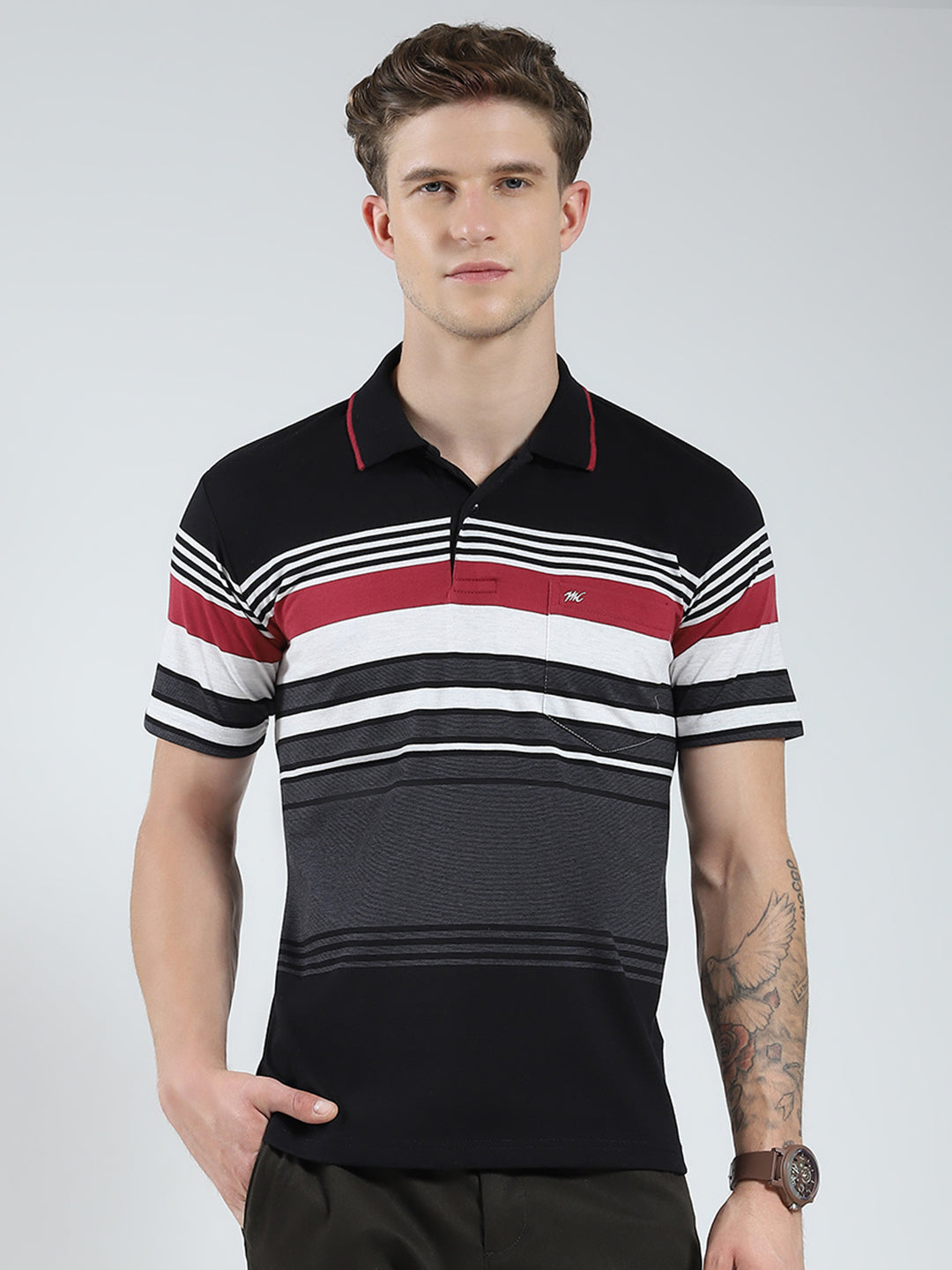 Men Black Stripe Collar Half Sleeve T-Shirt