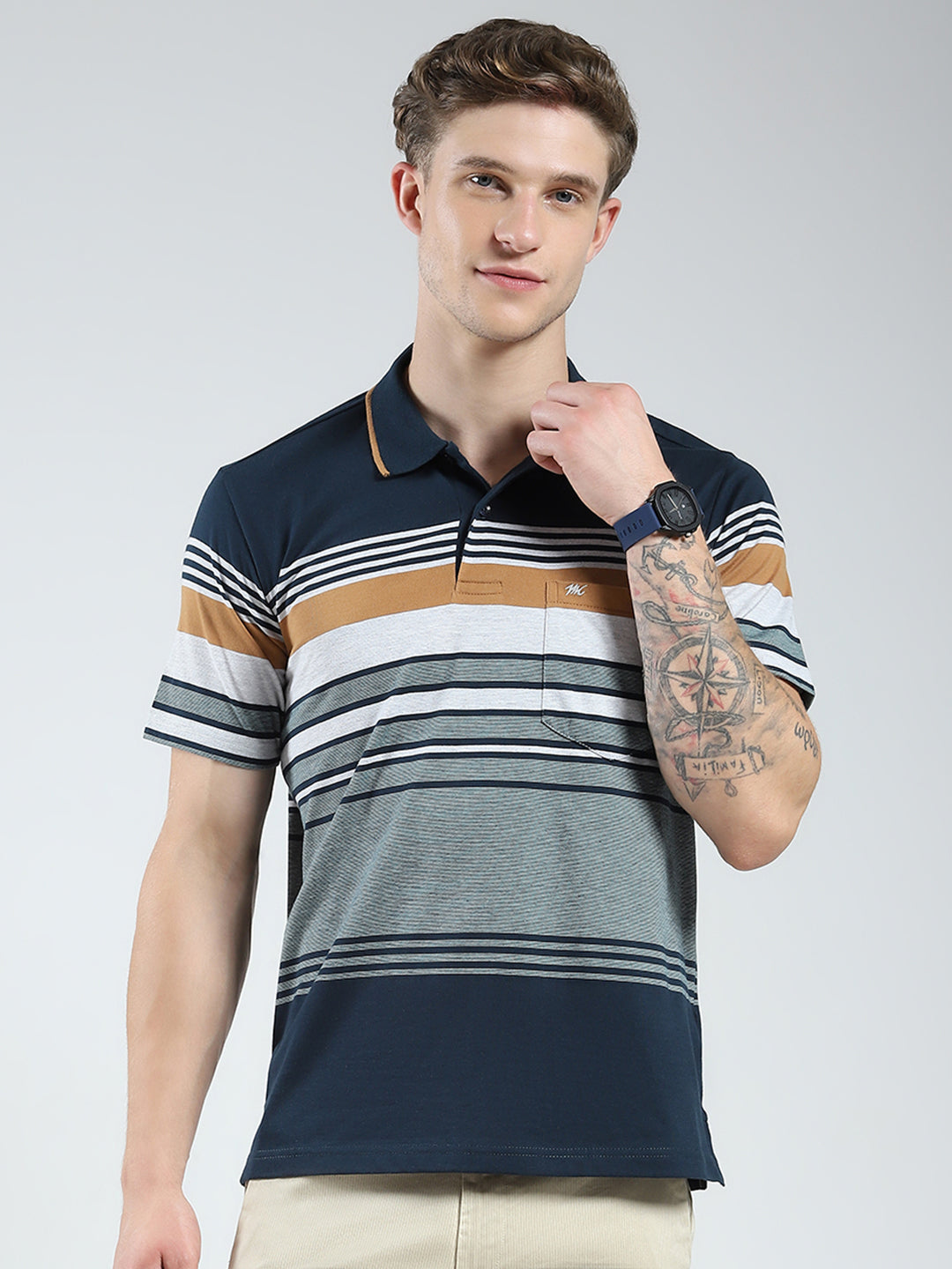 Men Green Stripe Collar Half Sleeve T-Shirt