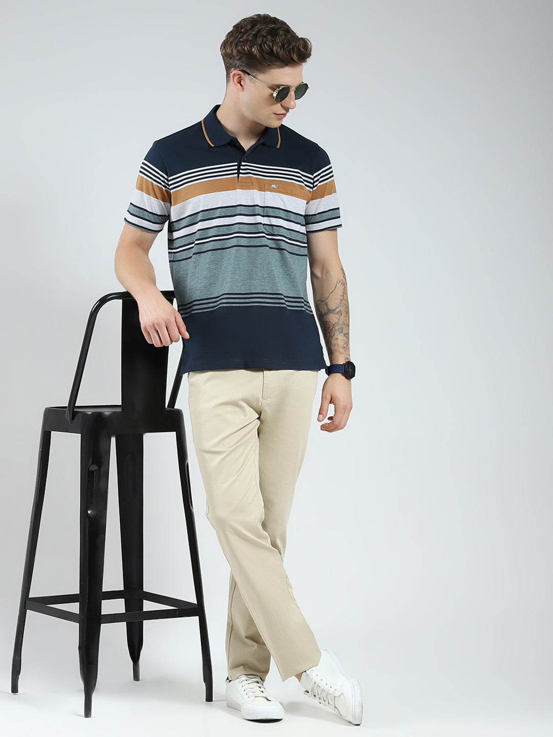 Men Green Stripe Collar Half Sleeve T-Shirt