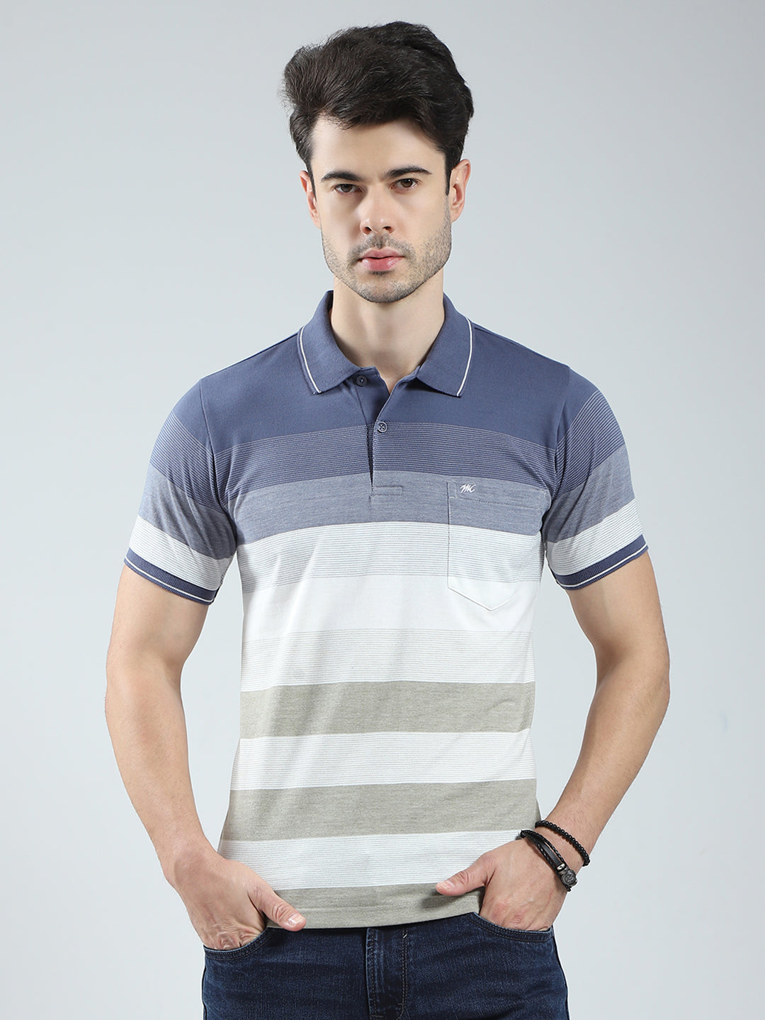 Men Blue Stripe Collar Half Sleeve T-Shirt