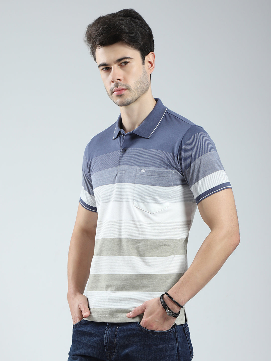 Men Blue Stripe Collar Half Sleeve T-Shirt