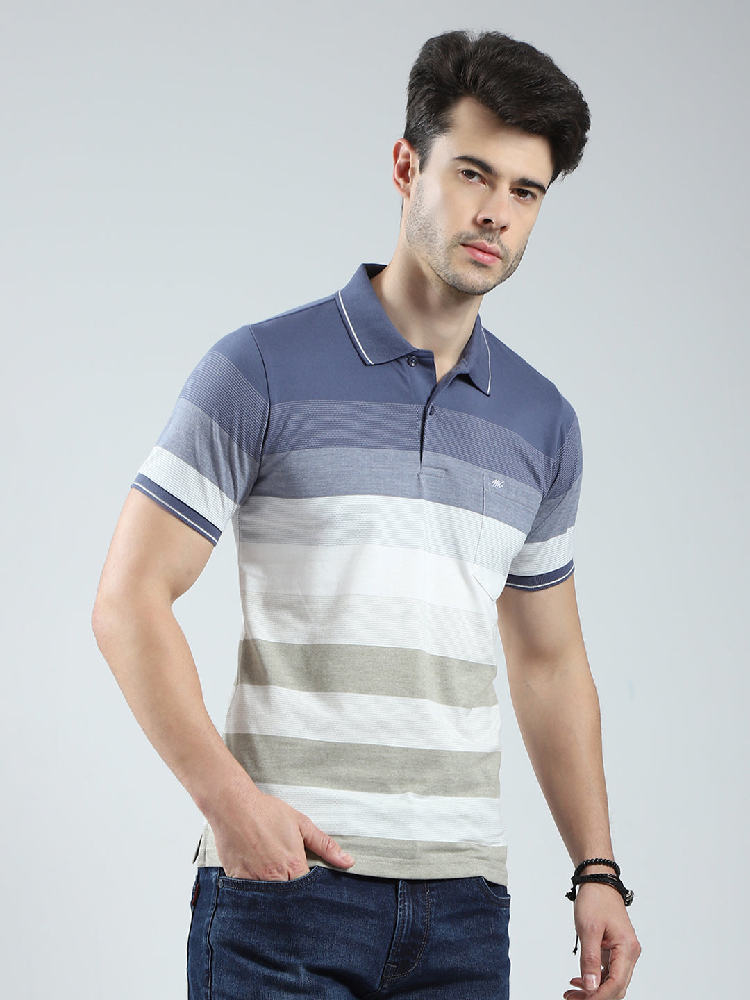 Men Blue Stripe Collar Half Sleeve T-Shirt