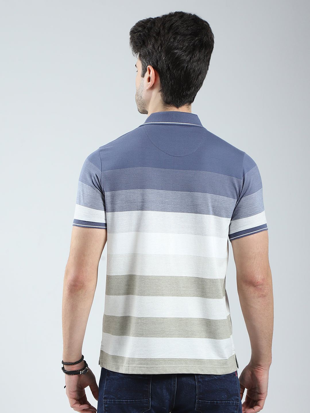 Men Blue Stripe Collar Half Sleeve T-Shirt