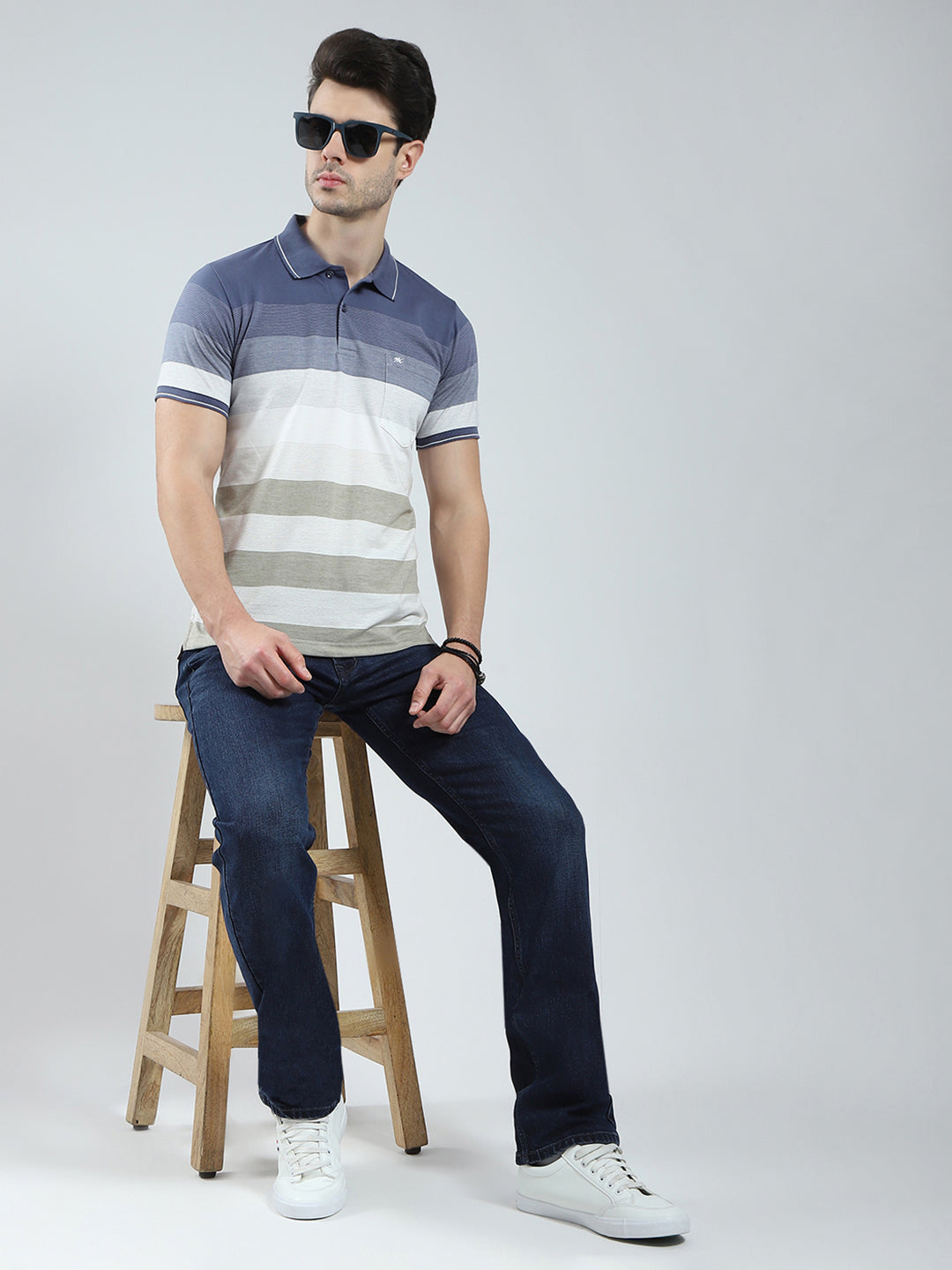 Men Blue Stripe Collar Half Sleeve T-Shirt