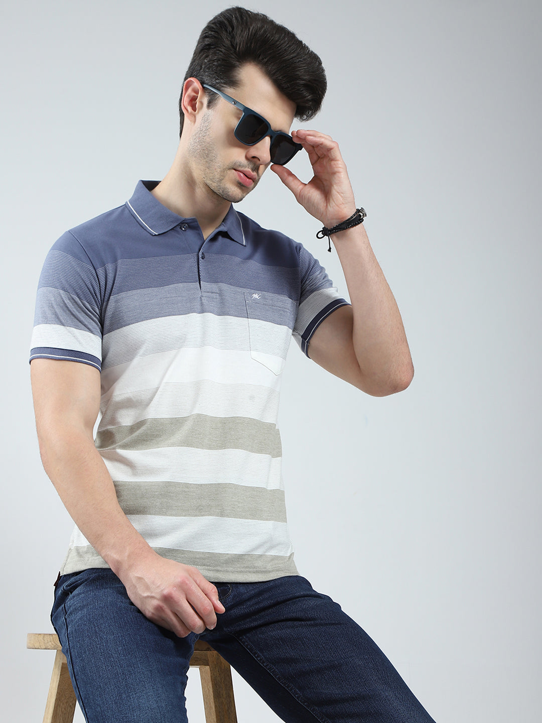 Men Blue Stripe Collar Half Sleeve T-Shirt