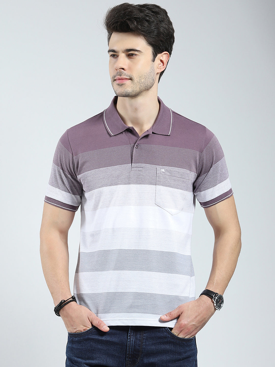 Men Mauve Stripe Collar Half Sleeve T-Shirt