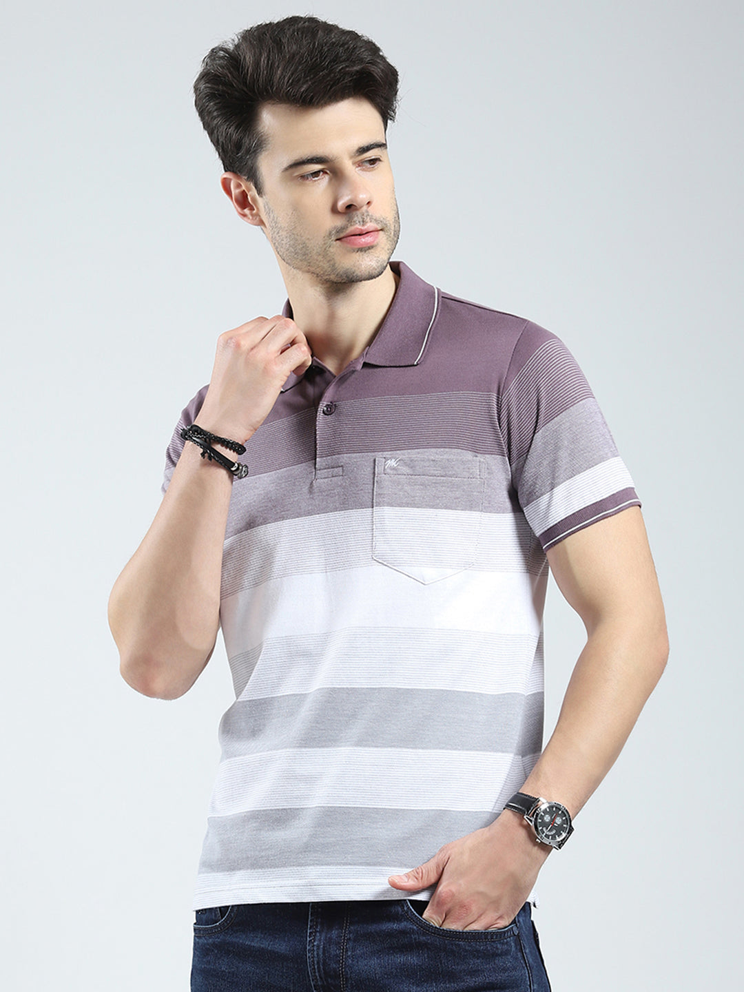 Men Mauve Stripe Collar Half Sleeve T-Shirt