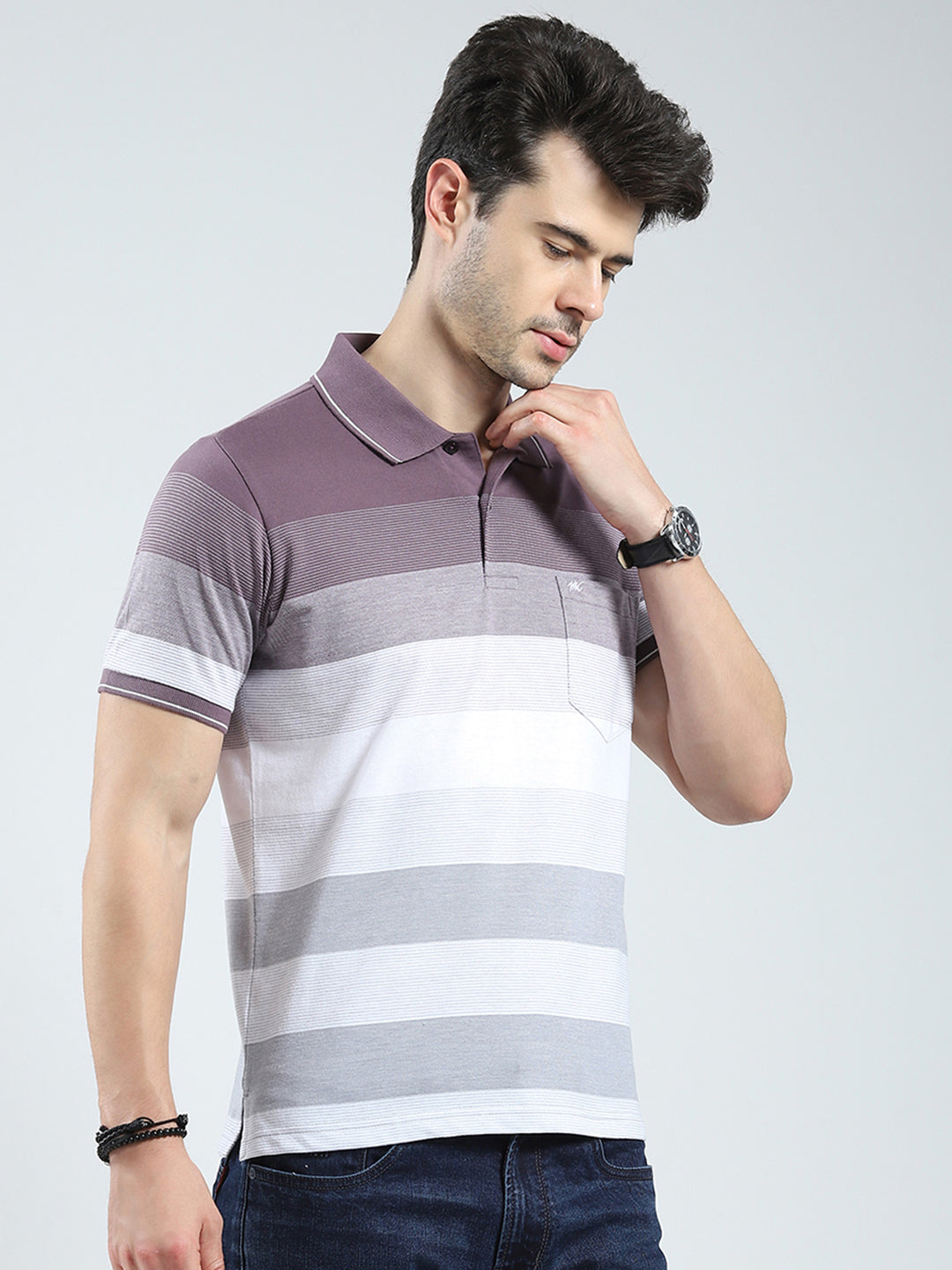 Men Mauve Stripe Collar Half Sleeve T-Shirt
