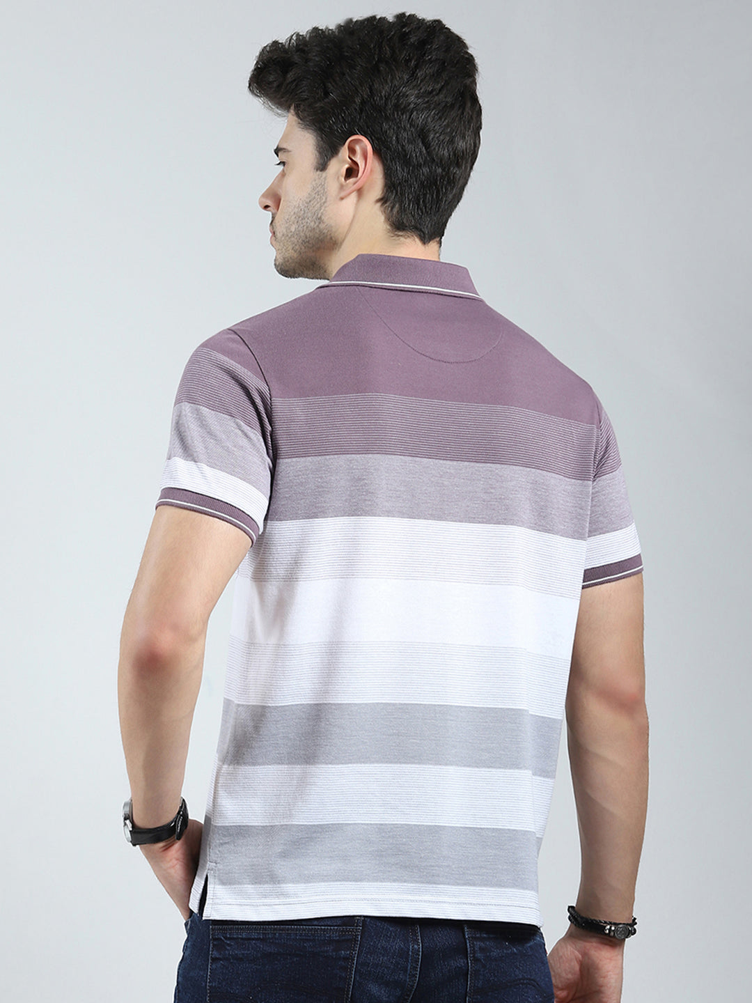 Men Mauve Stripe Collar Half Sleeve T-Shirt