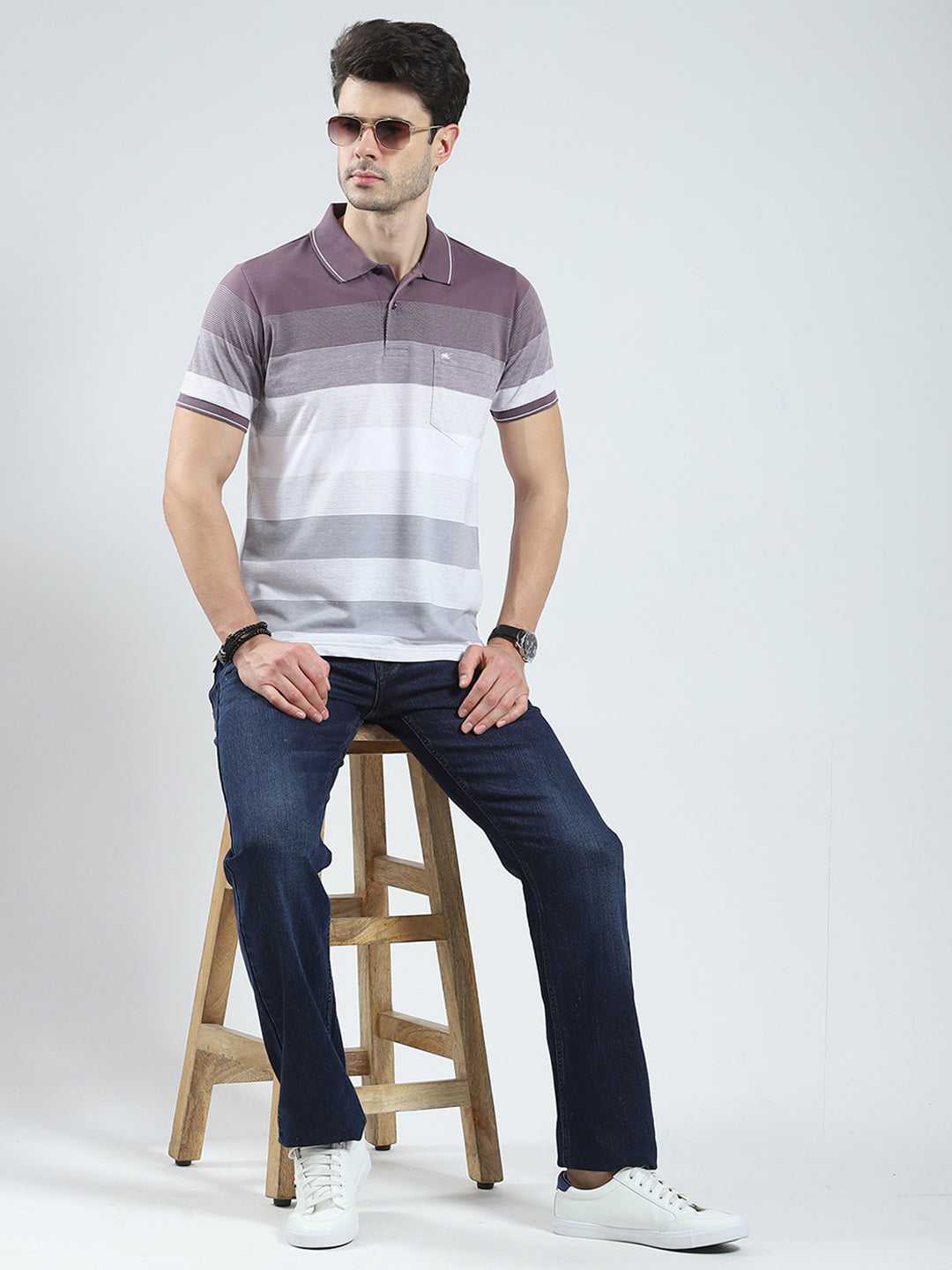 Men Mauve Stripe Collar Half Sleeve T-Shirt