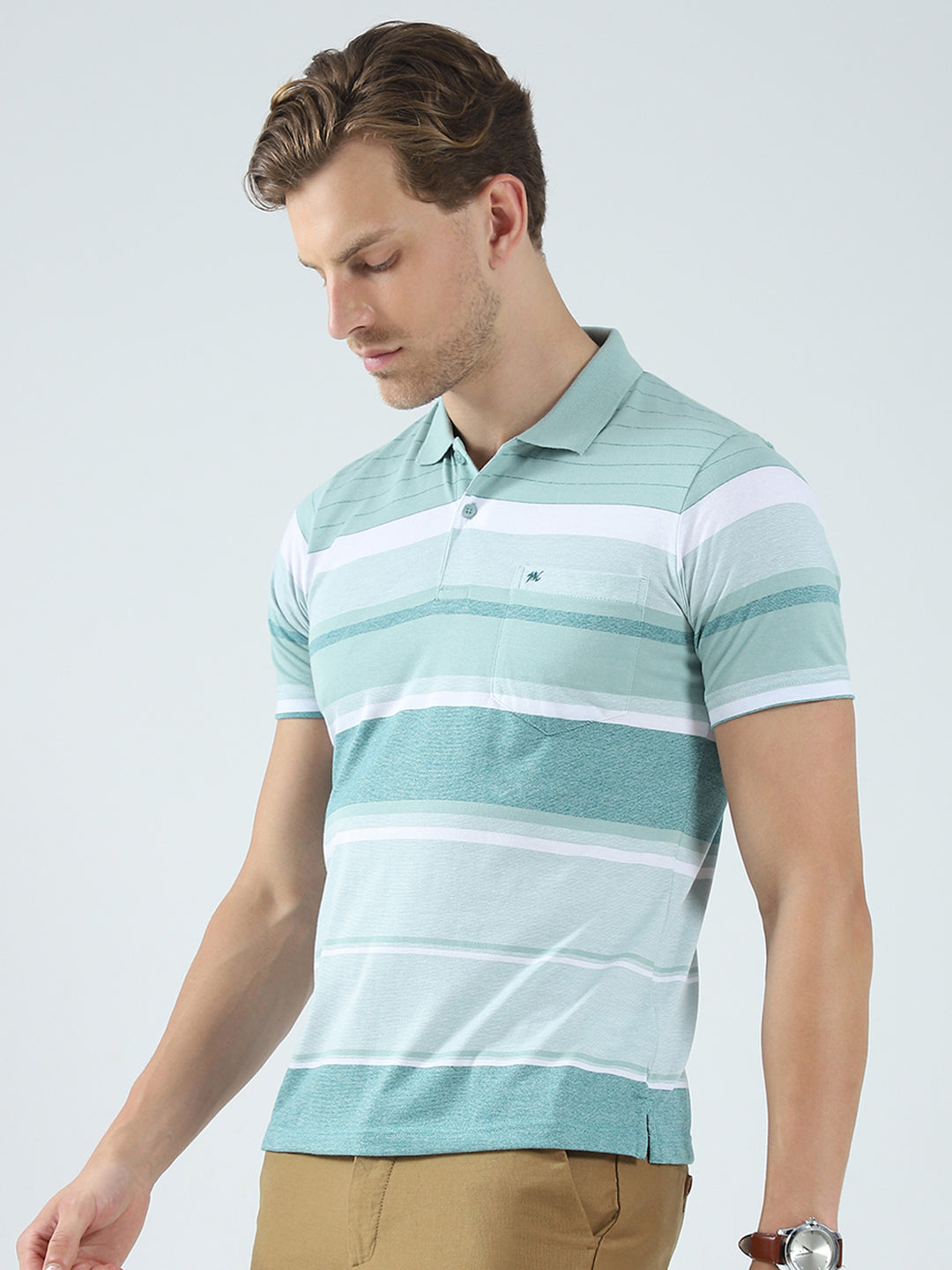 Men Green Stripe Collar Half Sleeve T-Shirt