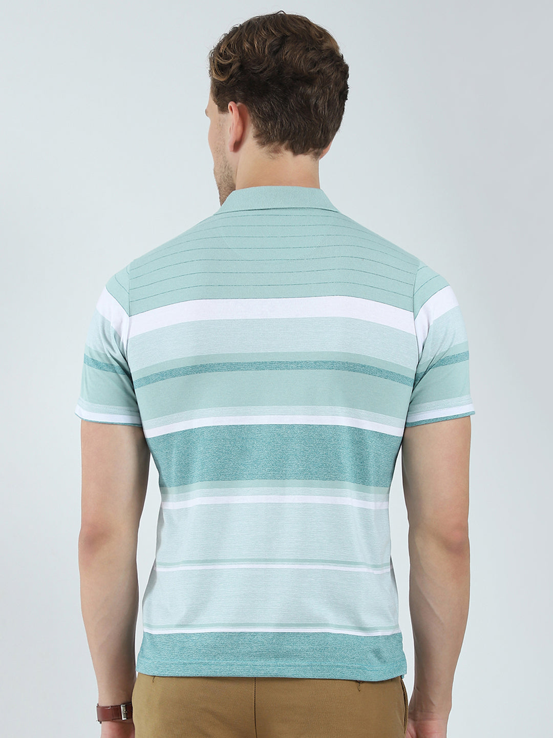 Men Green Stripe Collar Half Sleeve T-Shirt