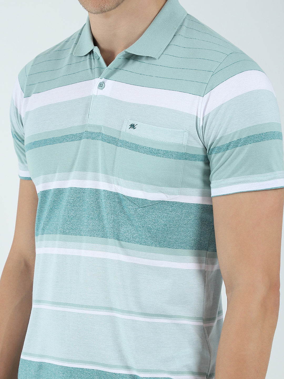 Men Green Stripe Collar Half Sleeve T-Shirt
