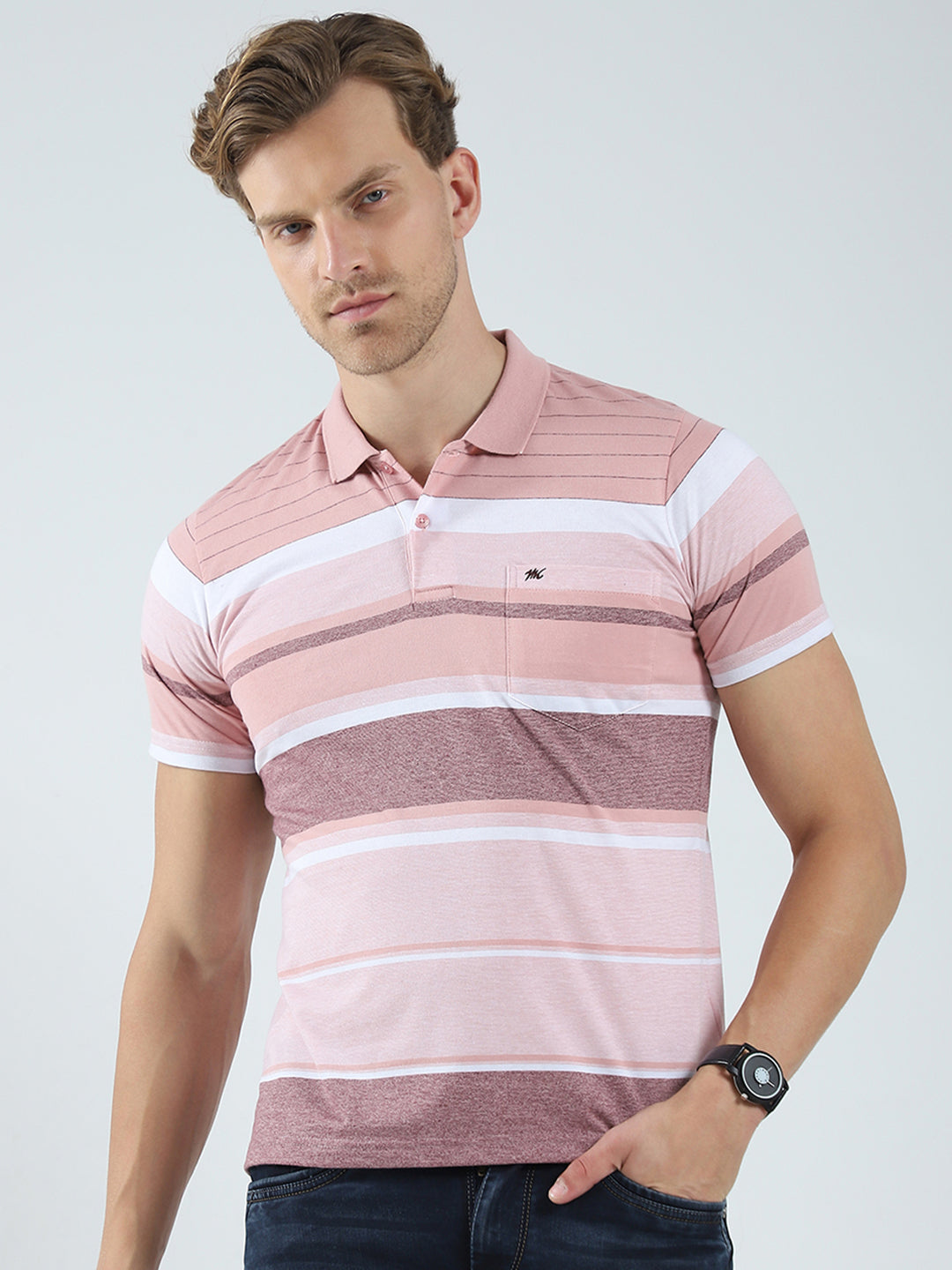 Men Peach Stripe Collar Half Sleeve T-Shirt