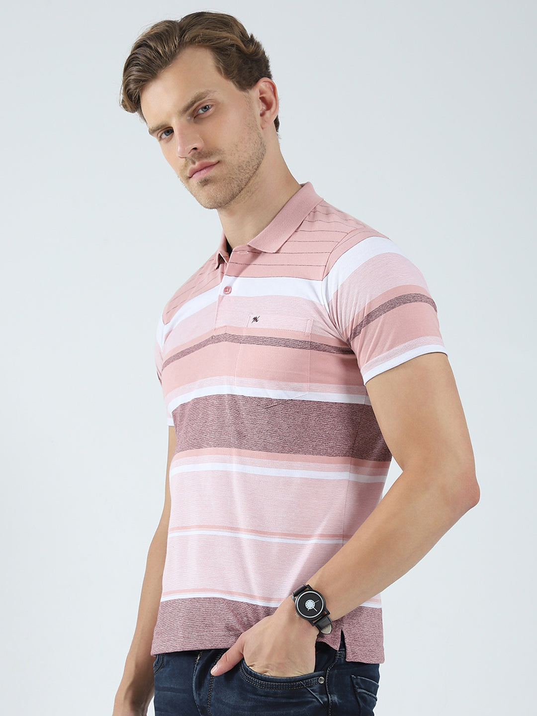 Men Peach Stripe Collar Half Sleeve T-Shirt
