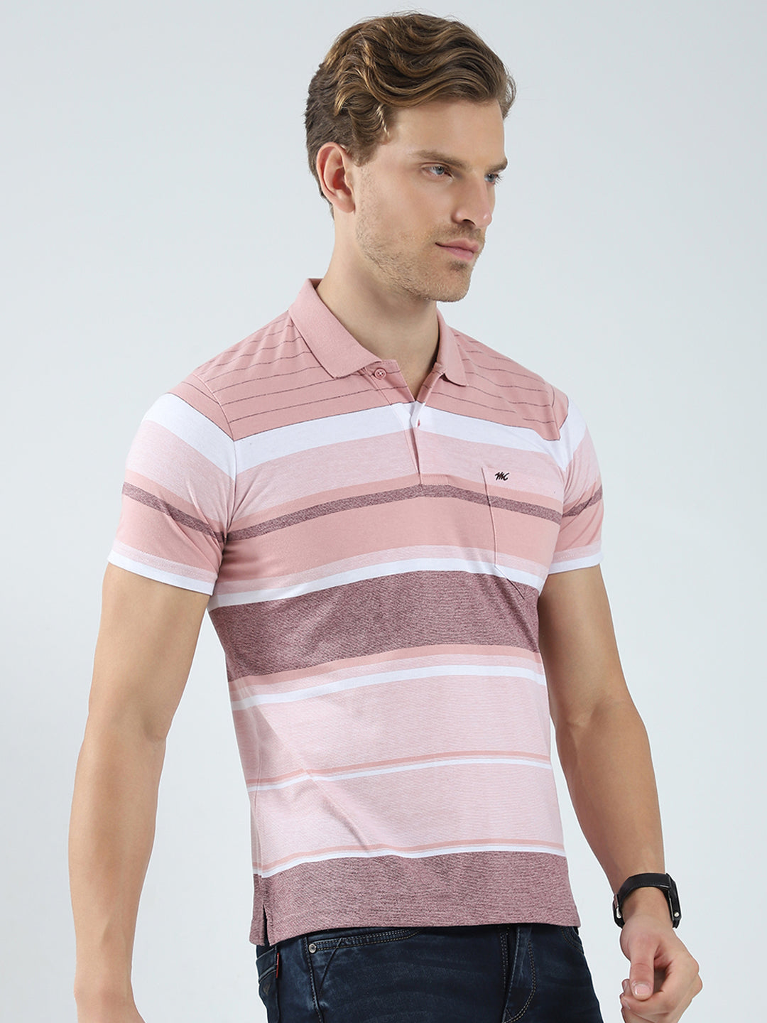 Men Peach Stripe Collar Half Sleeve T-Shirt